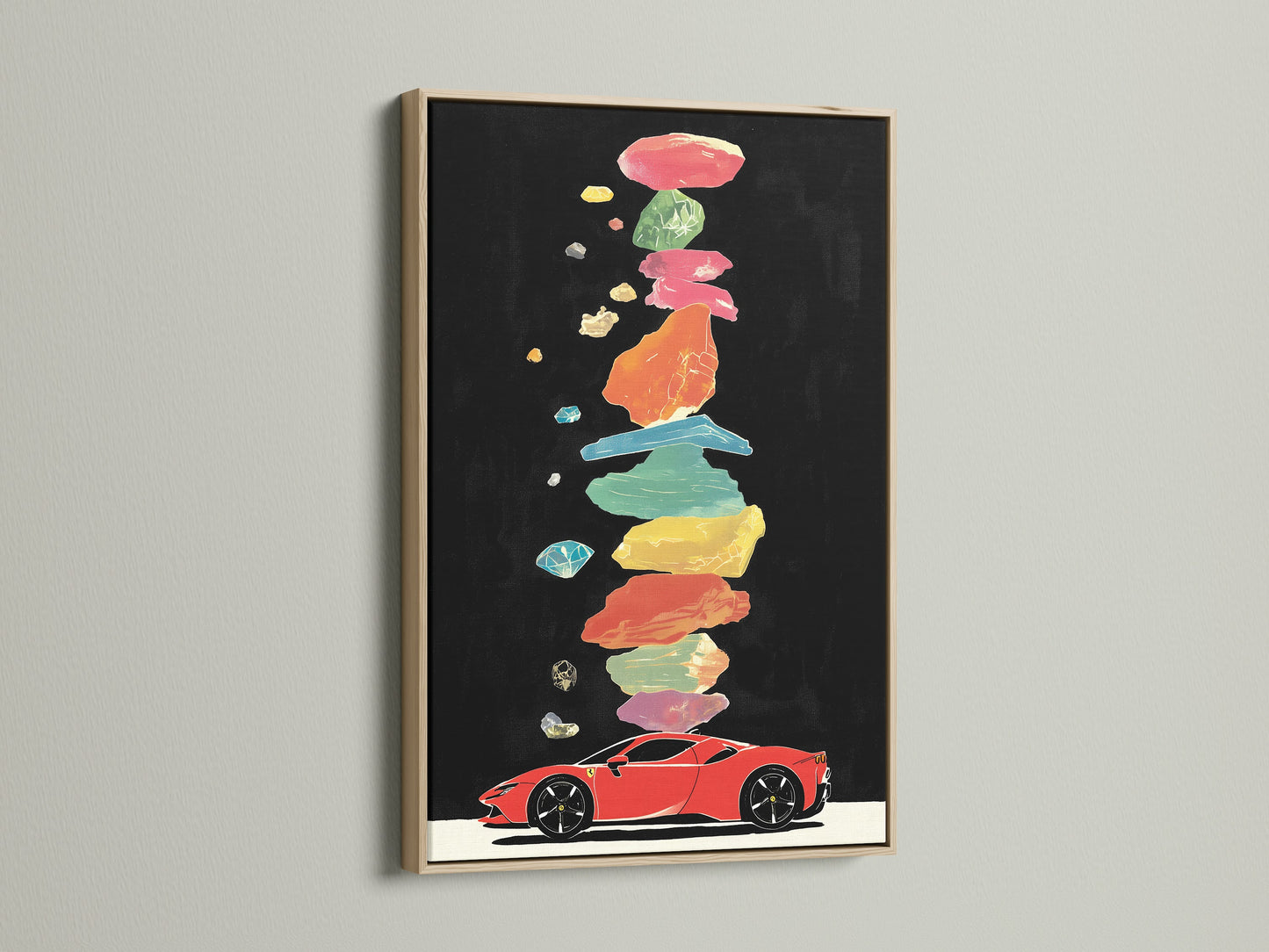 A captivating sports car artwork is elegantly framed in oak. The art features a red sports car complemented by abstract colorful shapes. It's ideal for adding a modern touch to your garage office or living space. Enhance your decor with this unique and stylish automotive wall art.