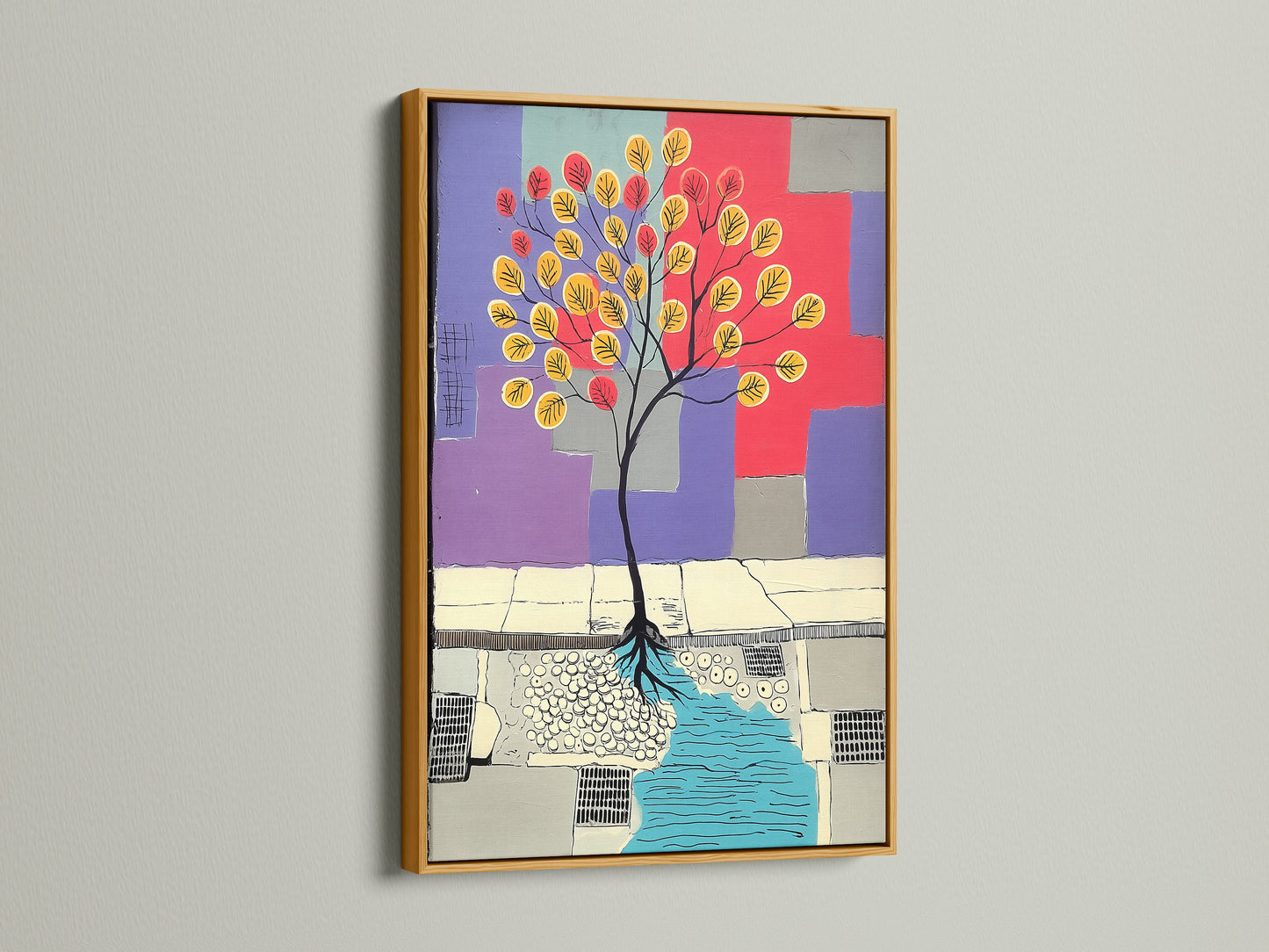 Abstract Tree artwork in a gold frame. The gold frame adds elegance to this modern piece. This colorful geometric art is ideal for adding a refined touch to any space. The artwork uses vibrant teal red and purple hues. This will enhance any interior.