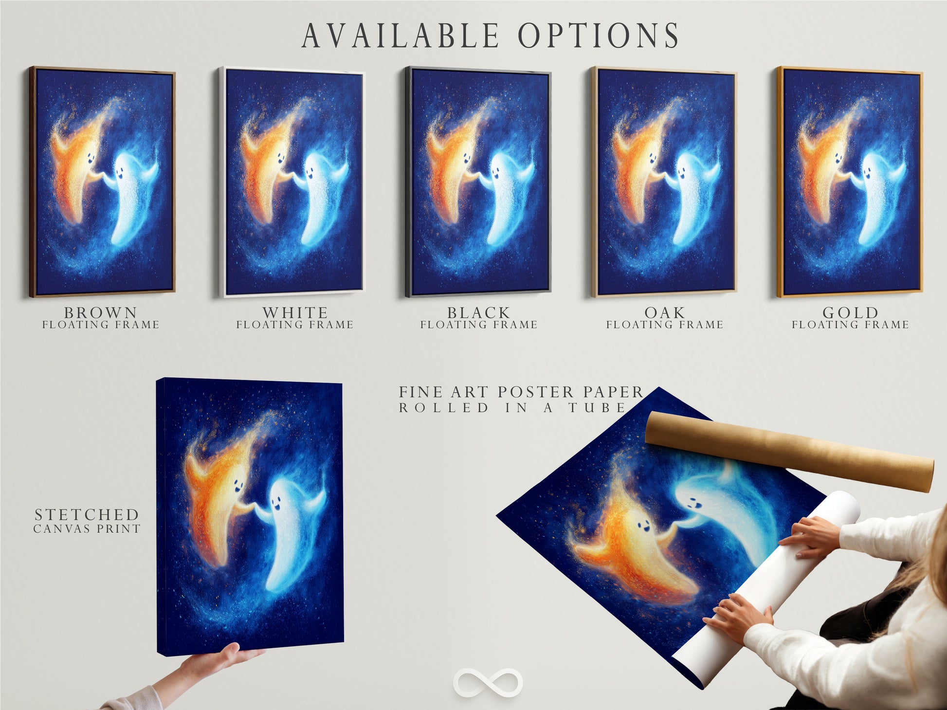 Available options are displayed. These include stretched canvas print fine art poster paper and a floating frame. All feature the cute ghost artwork. This playful art is perfect for kids' room decor. The whimsical print is ideal for nurseries. The spirit artwork brings fantasy to children art.