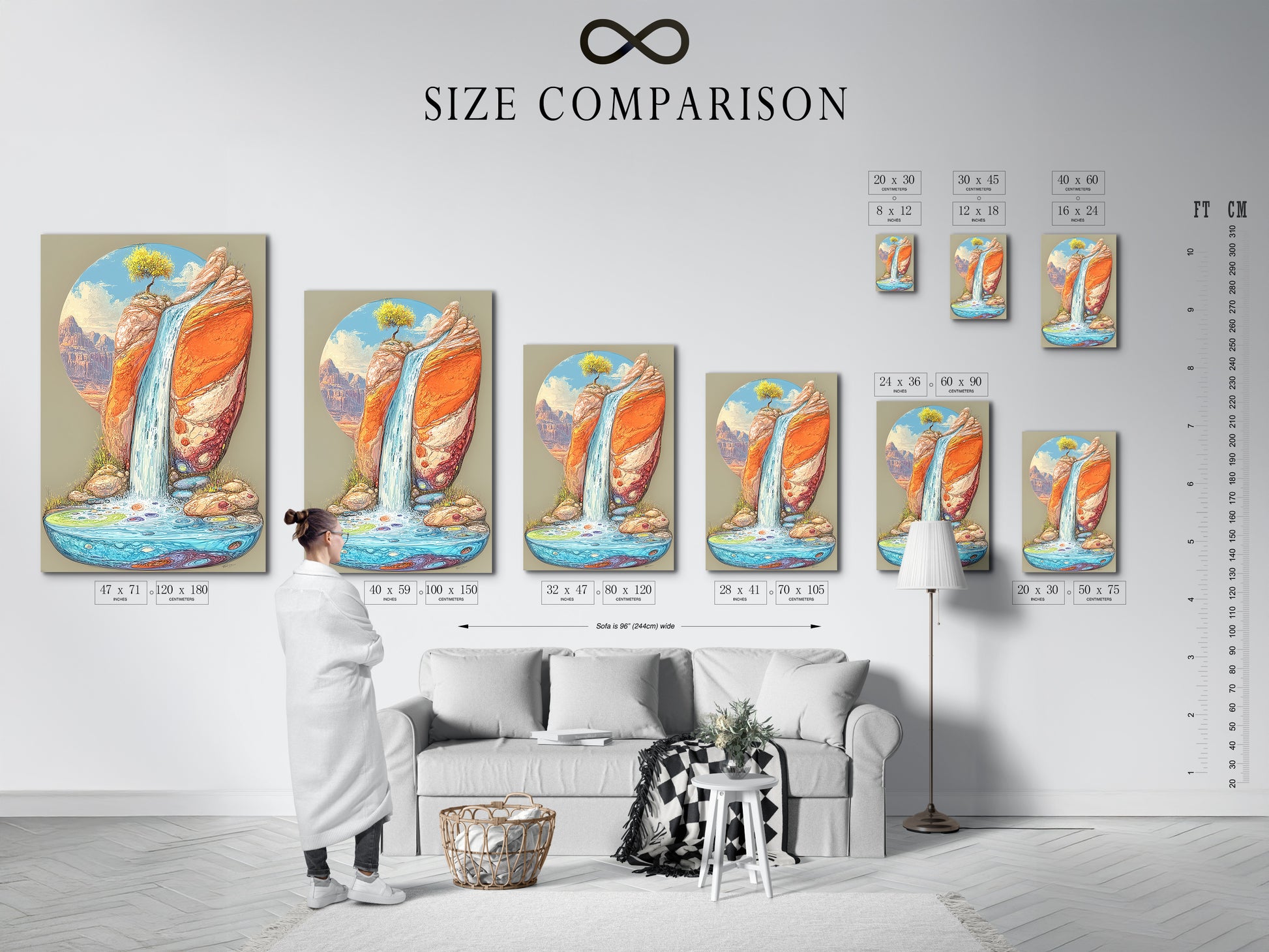 A size comparison chart is displayed in an interior setting. It shows various sizes of the desert waterfall artwork. Choose the perfect dimensions for your southwestern landscape print. Ideal boho wall decor for any room. Transform your bedroom or office space.