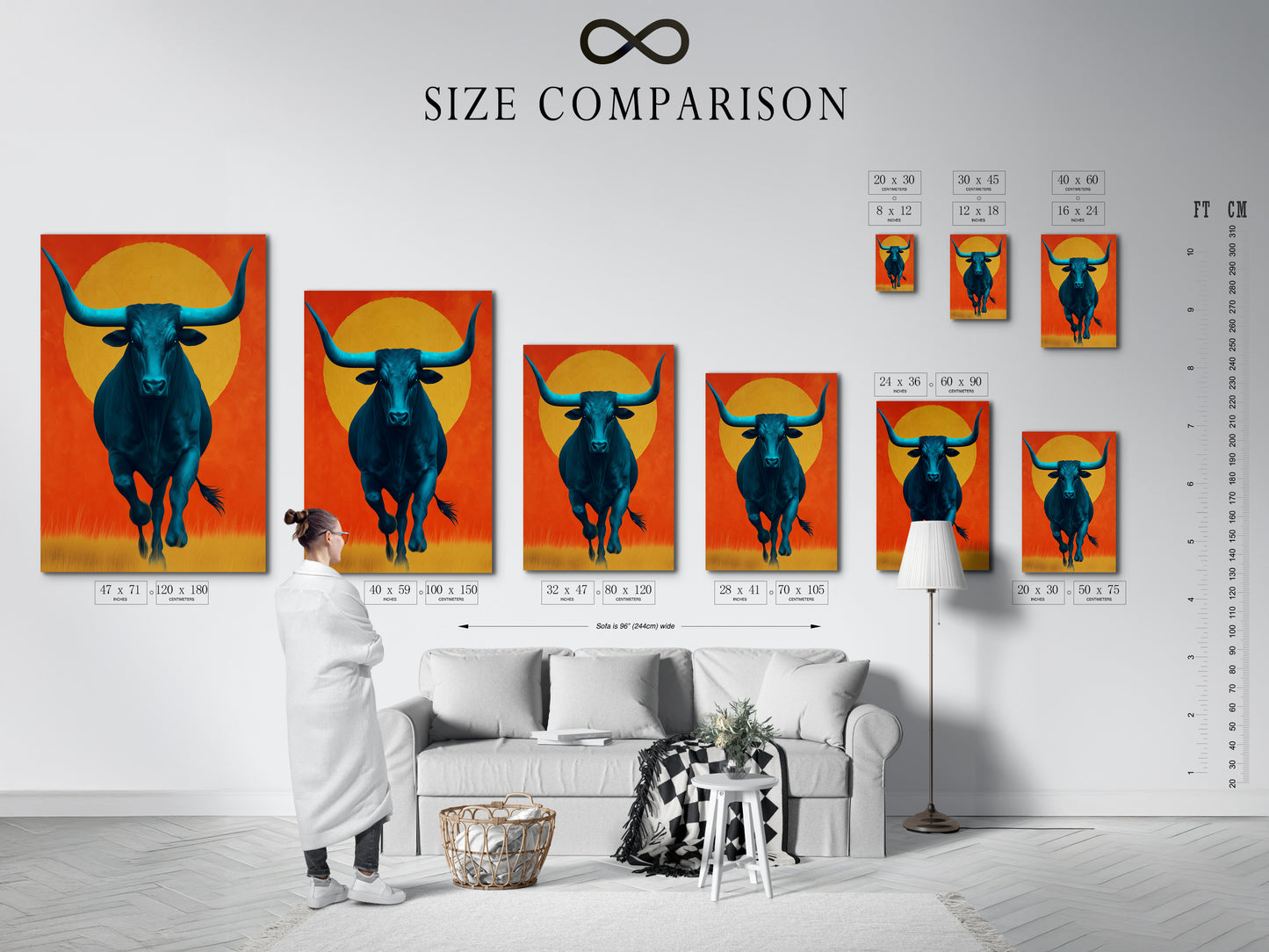 Understand the scale with this size comparison chart in an interior setting. See how the teal bull artwork fits into different spaces. Visualize this modern farmhouse wall art in your home. This helps you choose the perfect size for your southwestern art and animal artwork.
