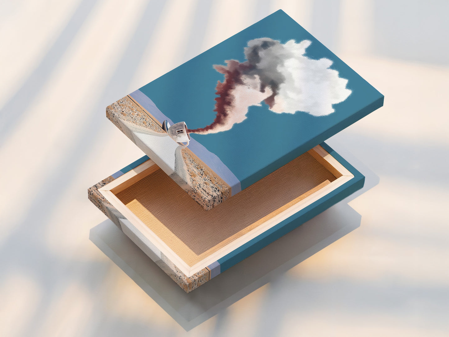 A stretched canvas print displays surreal coffee cup artwork. The desert landscape and dreamy cloudscape create unique wall decor. Perfect for modern art lovers. It's ready to hang in living rooms or offices. The canvas print enhances the artwork's details.