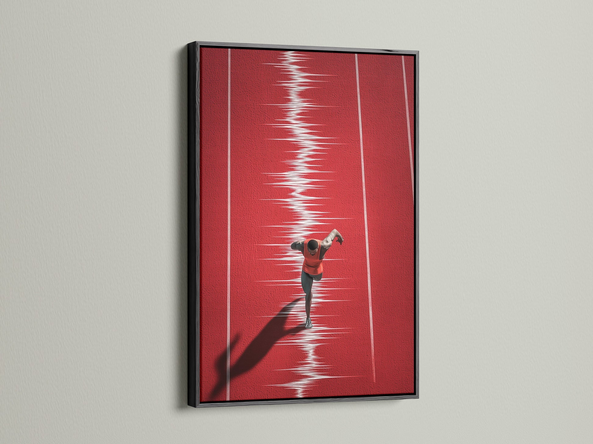 Artwork of a runner in a black frame. A black frame adds sophistication and drama. The dark frame creates a striking contrast. The runner art is bold and modern. View our selection of black-framed art.