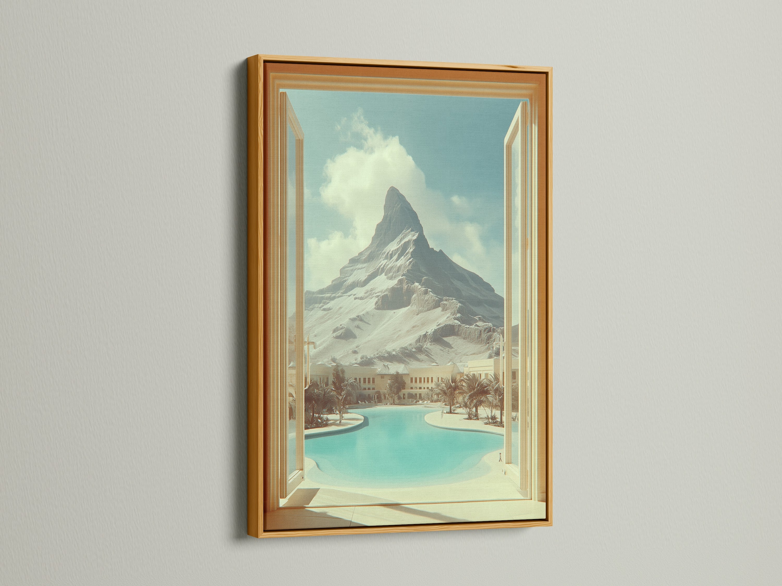 Gold frame featuring mountain view artwork. This artwork creates an open window effect to a desert oasis. Perfect for bedroom wall decor or clinic art. This travel scenery print adds vacation vibes to any space. Bring scenic artwork into your home.