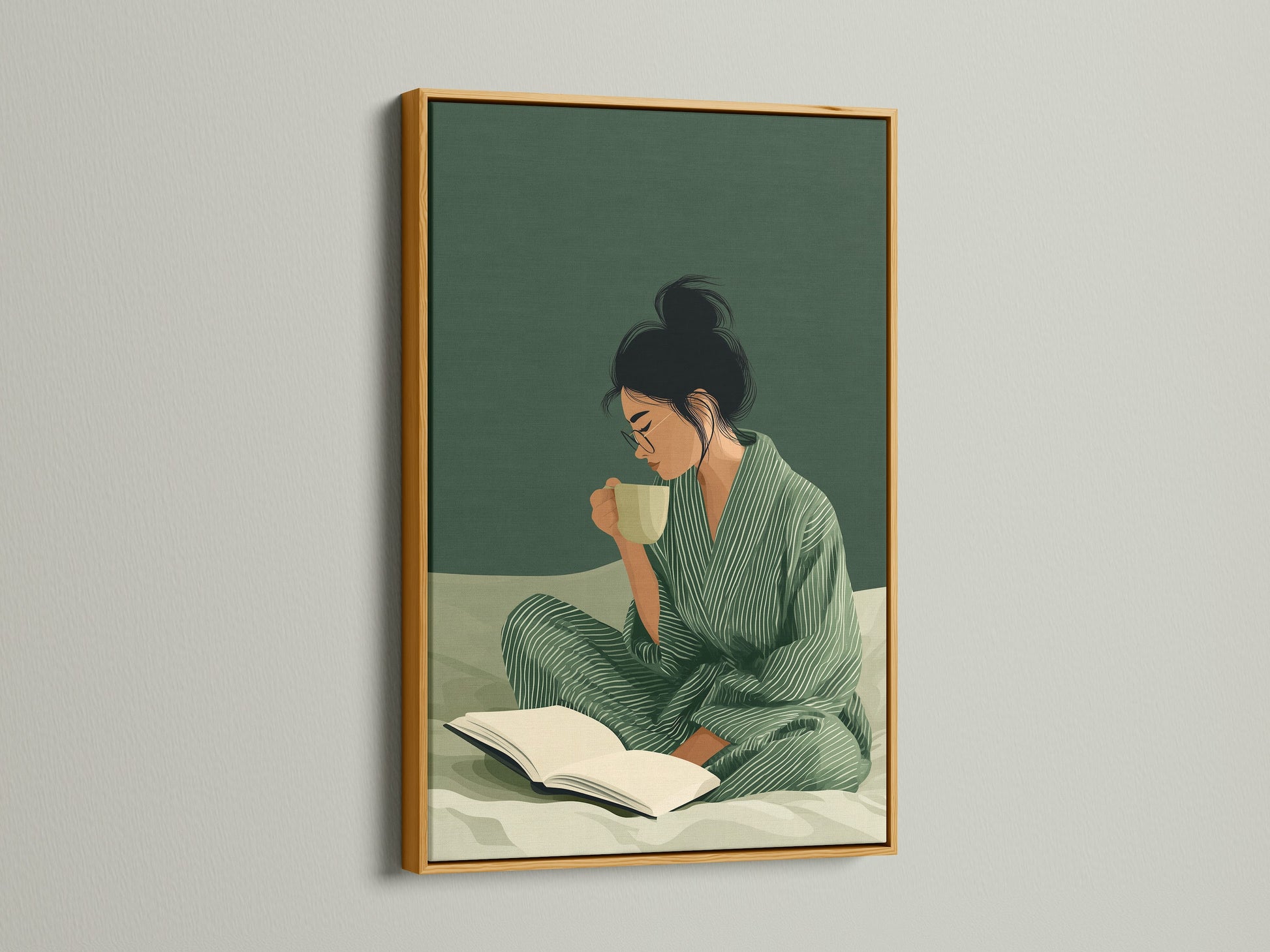 Woman Reading Art Print with a gold frame.  This self care art promotes a quiet moment. The artwork adds warmth to cozy cafes. This print brings peace to spas and libraries.