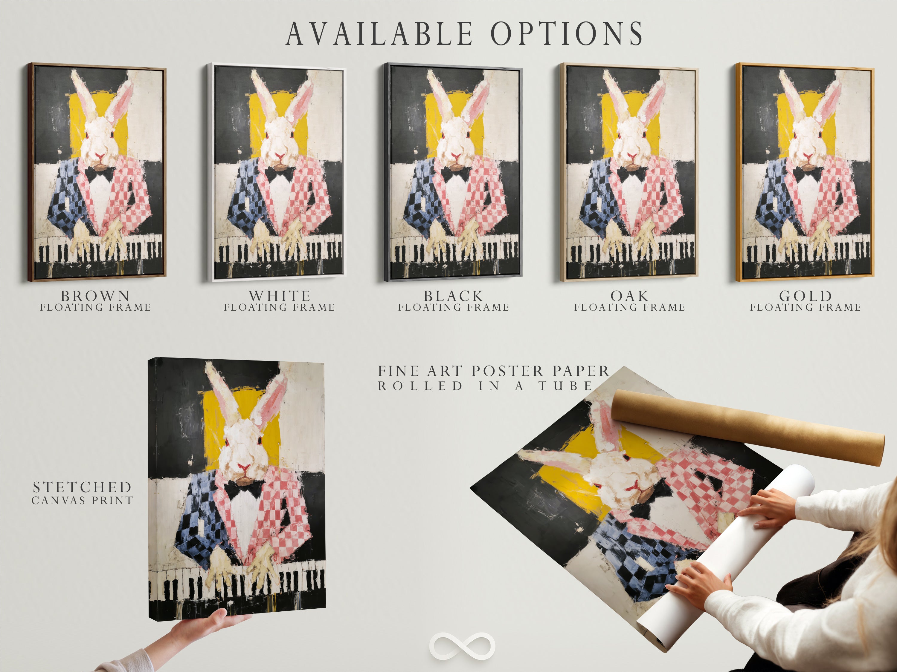 Available options include a stretched canvas print a fine art poster paper and a floating frame of the rabbit pianist artwork. Choose the perfect format for your space. This whimsical animal art adds a touch of abstract music wall art. Ideal for adding a colorful bunny artwork to your collection.
