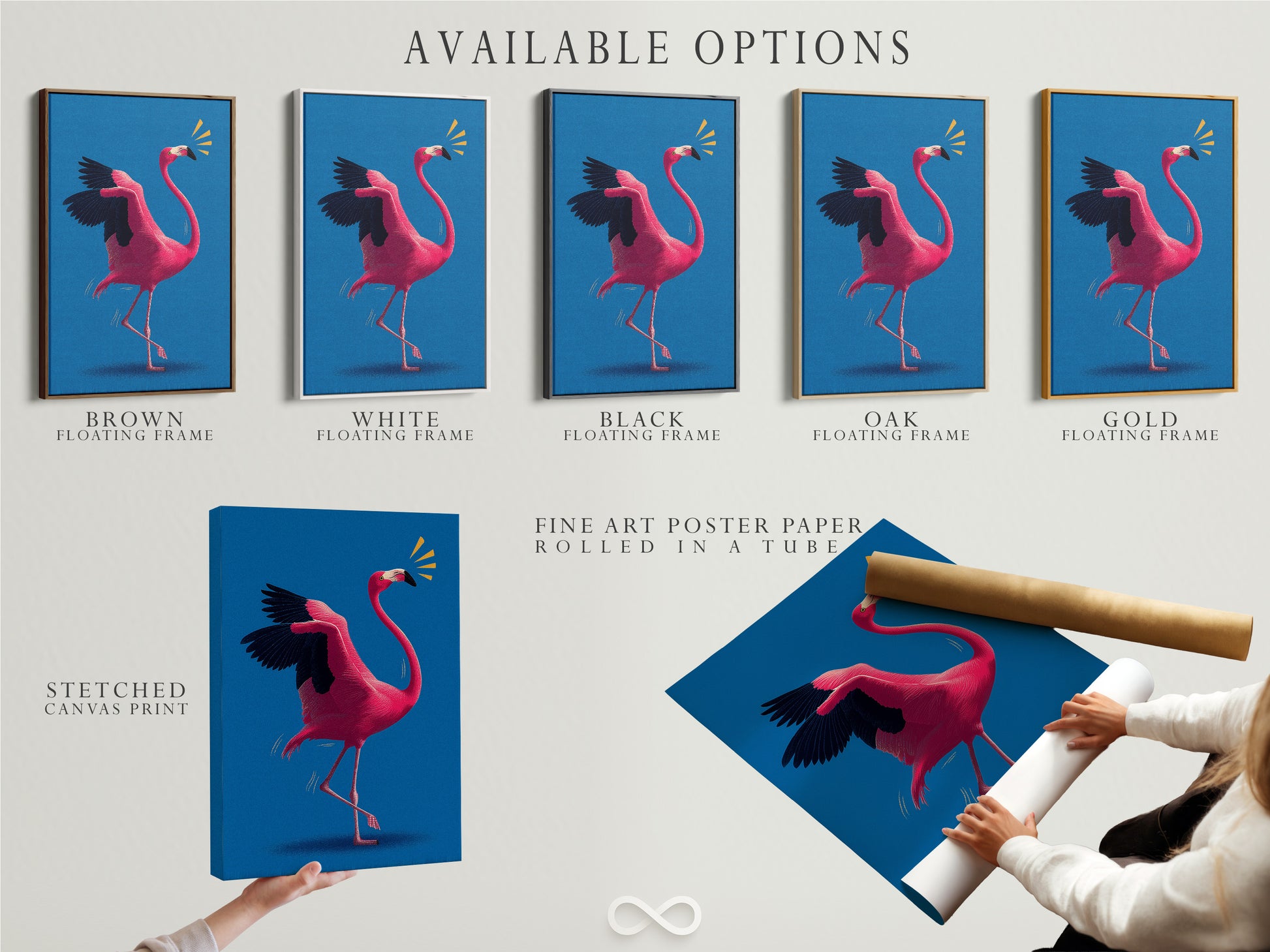 Available options include a stretched canvas print. Fine art poster paper is also available. The floating frame enhances the artwork. These options cater to different preferences. Choose the perfect format to showcase your favorite artwork. Each option offers a unique way to display art.