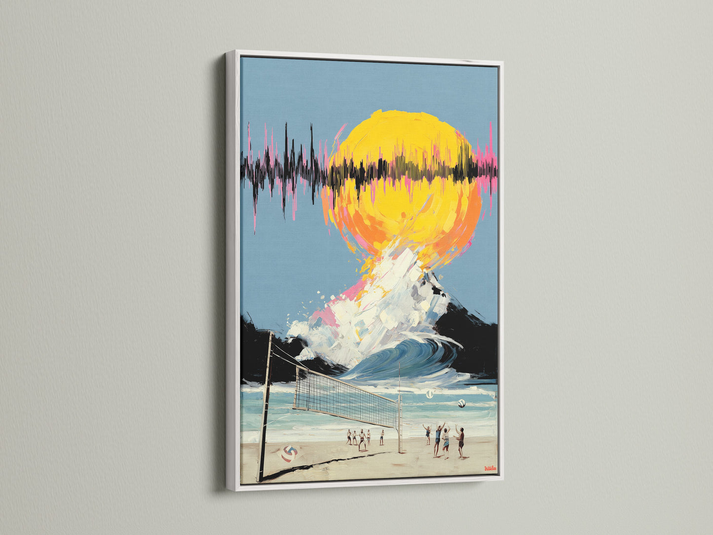 The Beach Volleyball artwork is set in a clean white frame. The surreal sunset and sports theme makes it ideal for a game room. This retro poster print adds a cool touch to any wall.