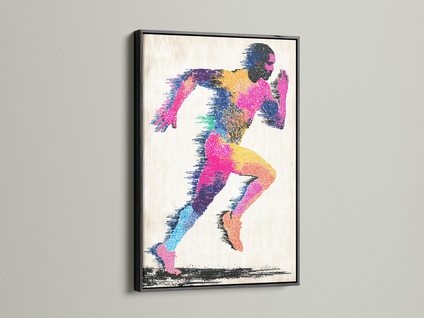 Artwork in a black frame. The art portrays a vibrant abstract figure of a runner in motion. The black frame adds a bold and sophisticated touch. It makes the artwork stand out. This piece is perfect for modern interiors.