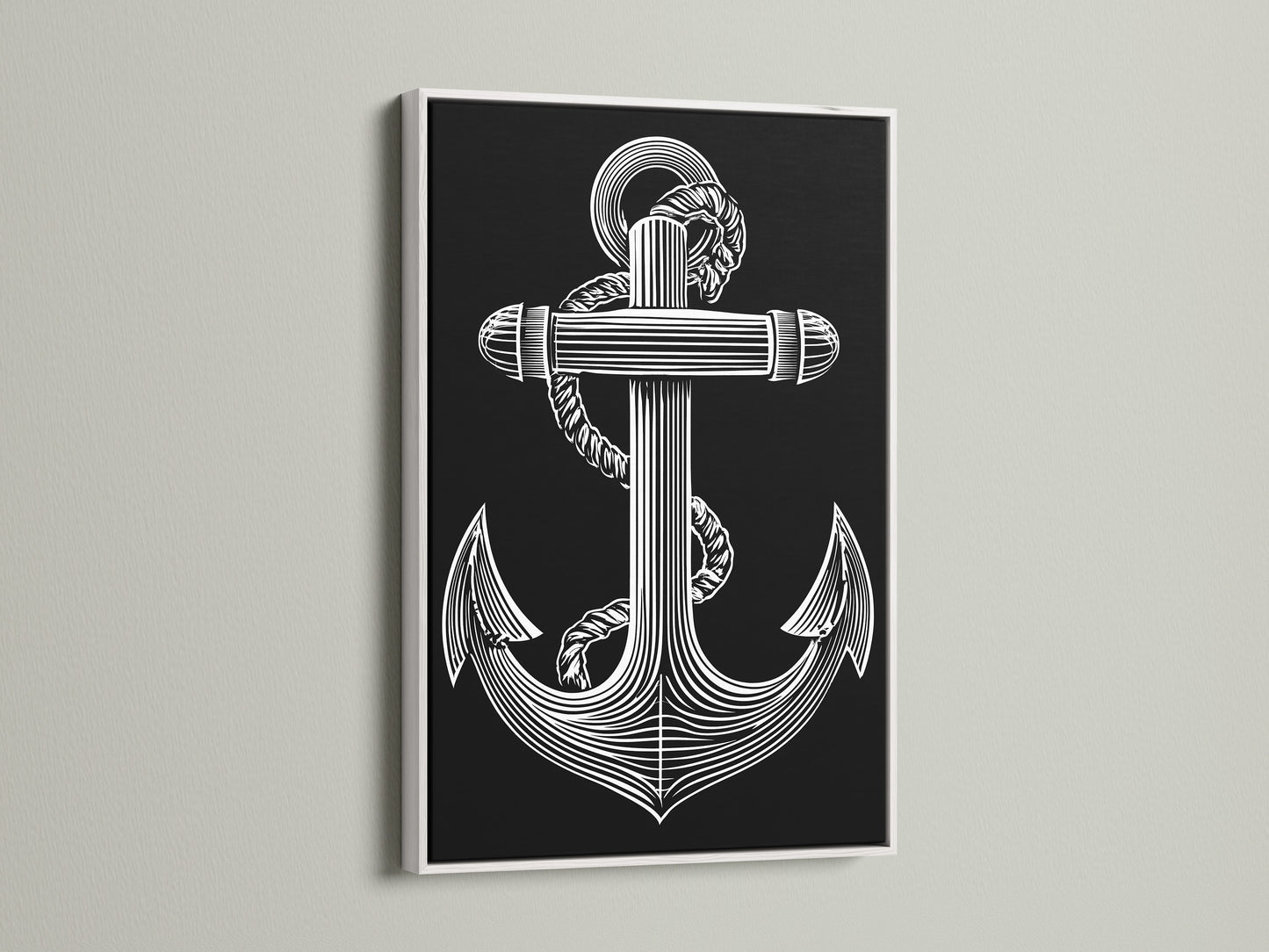 Art print of a striking anchor design framed in white. The white frame offers a clean modern look. This artwork complements minimalist and contemporary interiors. Discover how framed artwork can transform your living space. Add a fresh touch to your home decor today. Explore our white frame options now