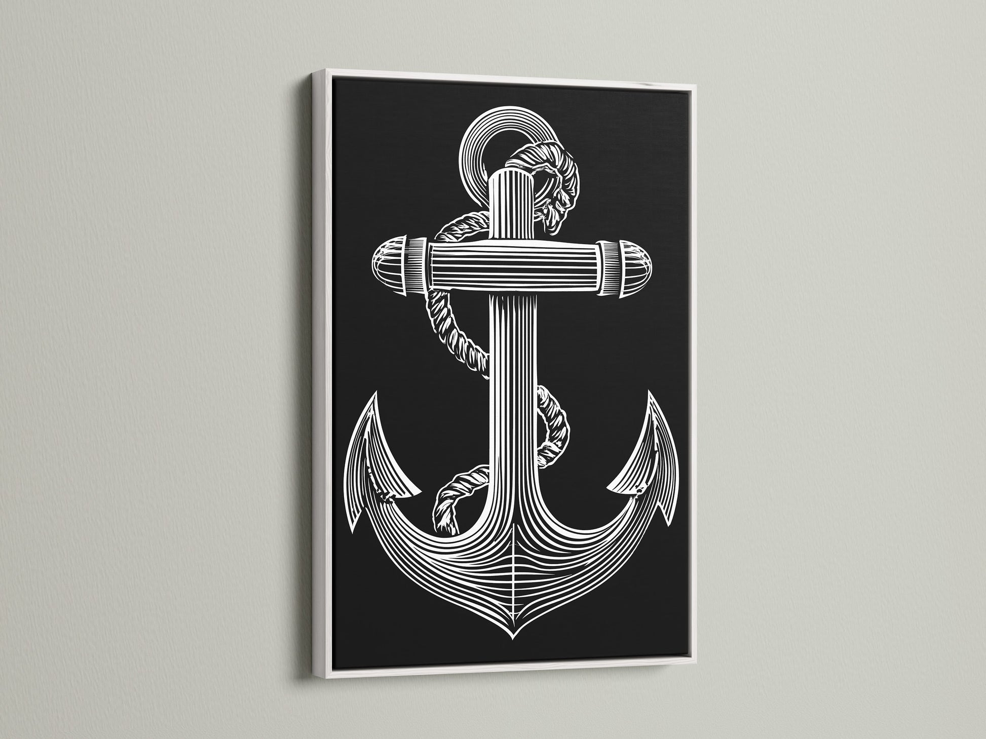 Art print of a striking anchor design framed in white. The white frame offers a clean modern look. This artwork complements minimalist and contemporary interiors. Discover how framed artwork can transform your living space. Add a fresh touch to your home decor today. Explore our white frame options now