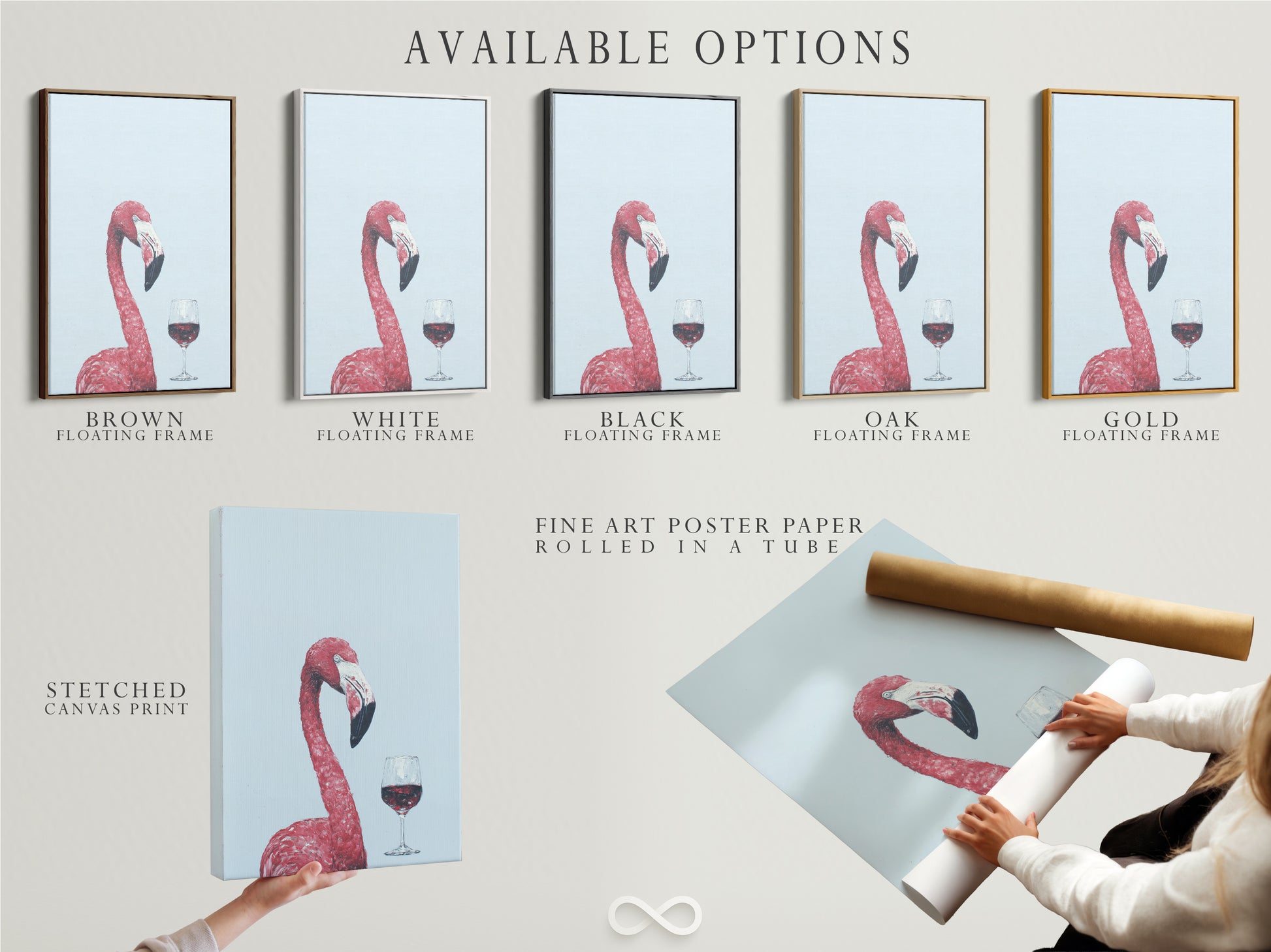 Explore our available options for this flamingo art print. Choose from stretched canvas prints fine art poster paper or floating frame. Perfect for personalizing your artwork.