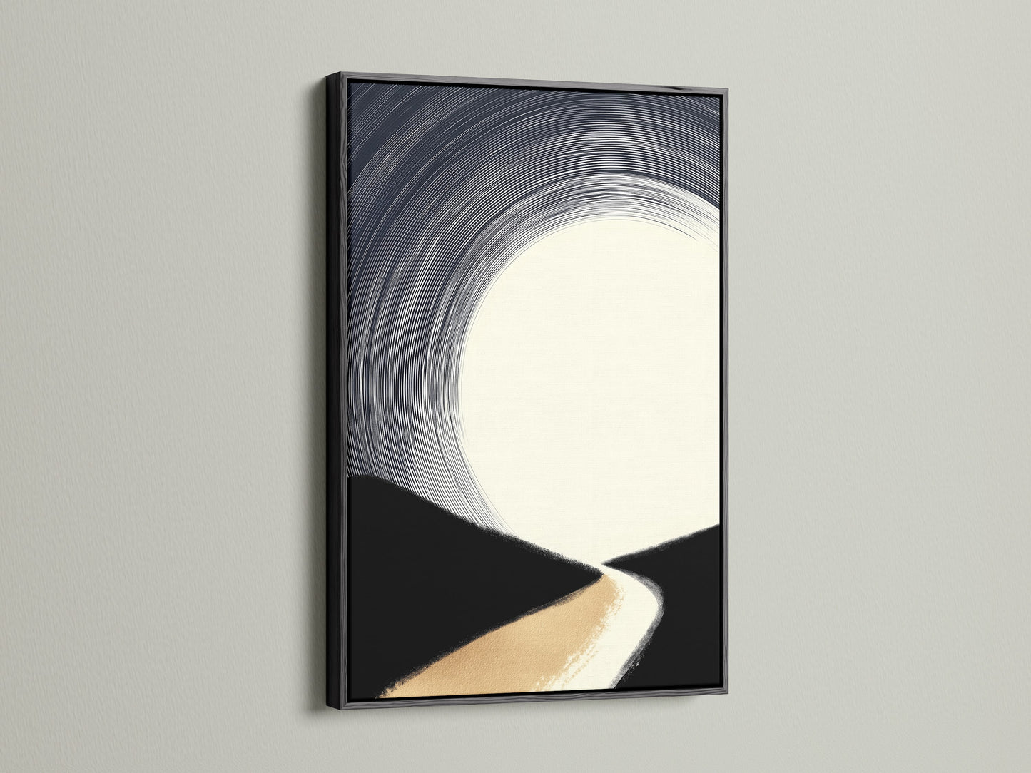 A black frame surrounds a minimalist artwork. The art features an abstract landscape. Beige black and white hues offer a striking contrast. This combination adds a touch of sophistication to your wall decor. It's ideal for creating a focal point in any room.