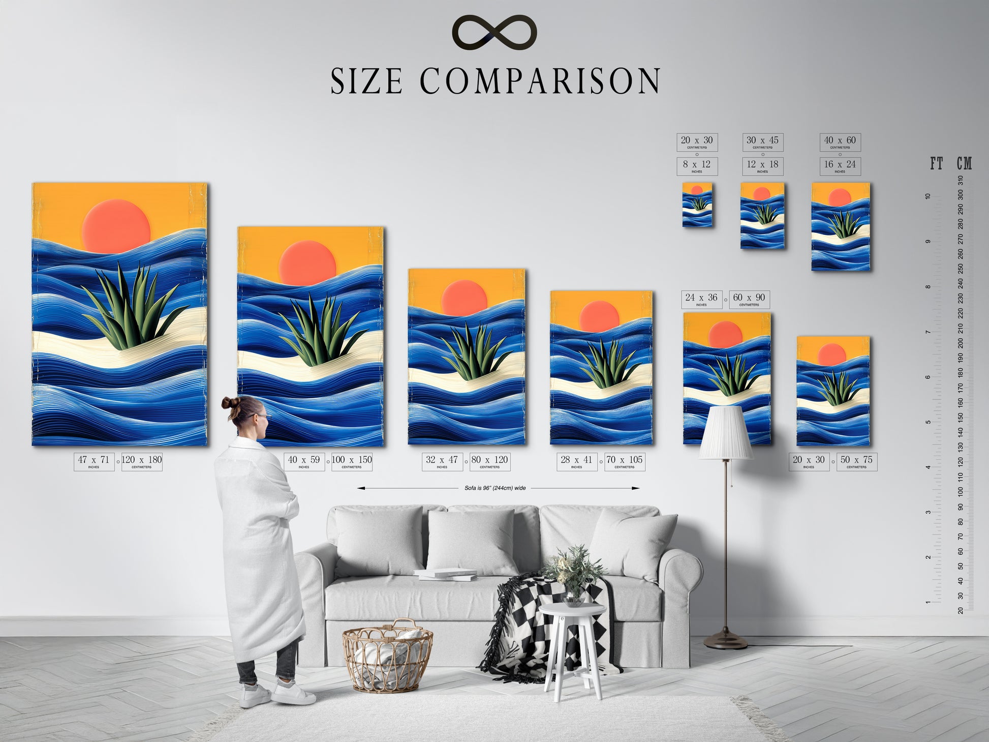 Size comparison chart in an interior setting. See how the coastal sunset artwork fits in your space. Available in various sizes. Find the perfect fit for your wall decor needs.