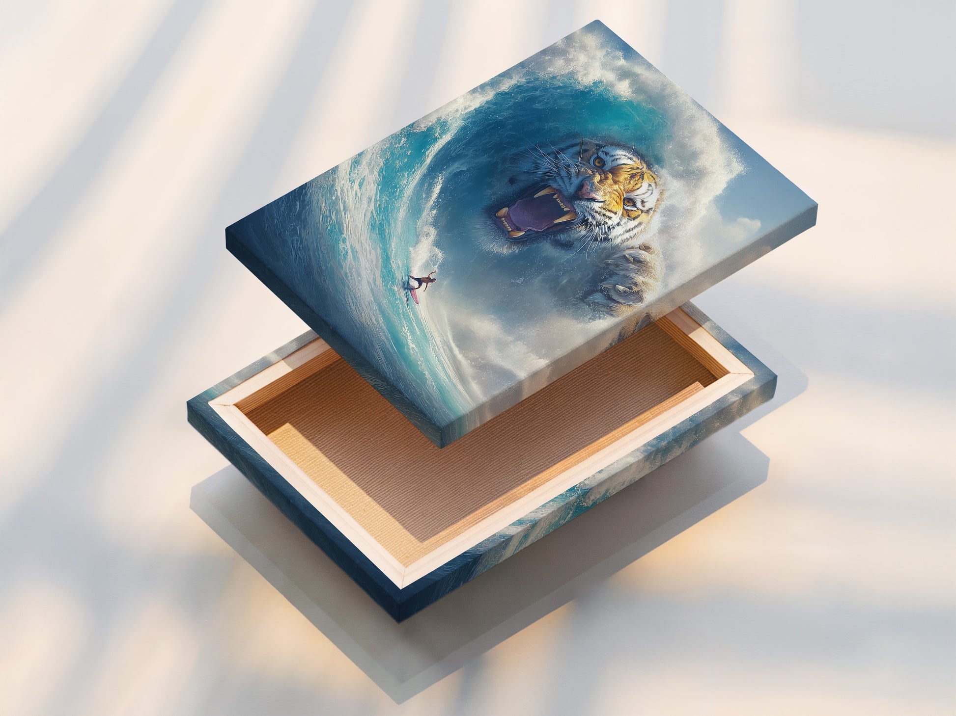 This is a stretched canvas print of surreal tiger wave art. The surfer rides a blue ocean wave. The tiger is a fantasy animal. The mystical canvas art is perfect for coastal style decor today.