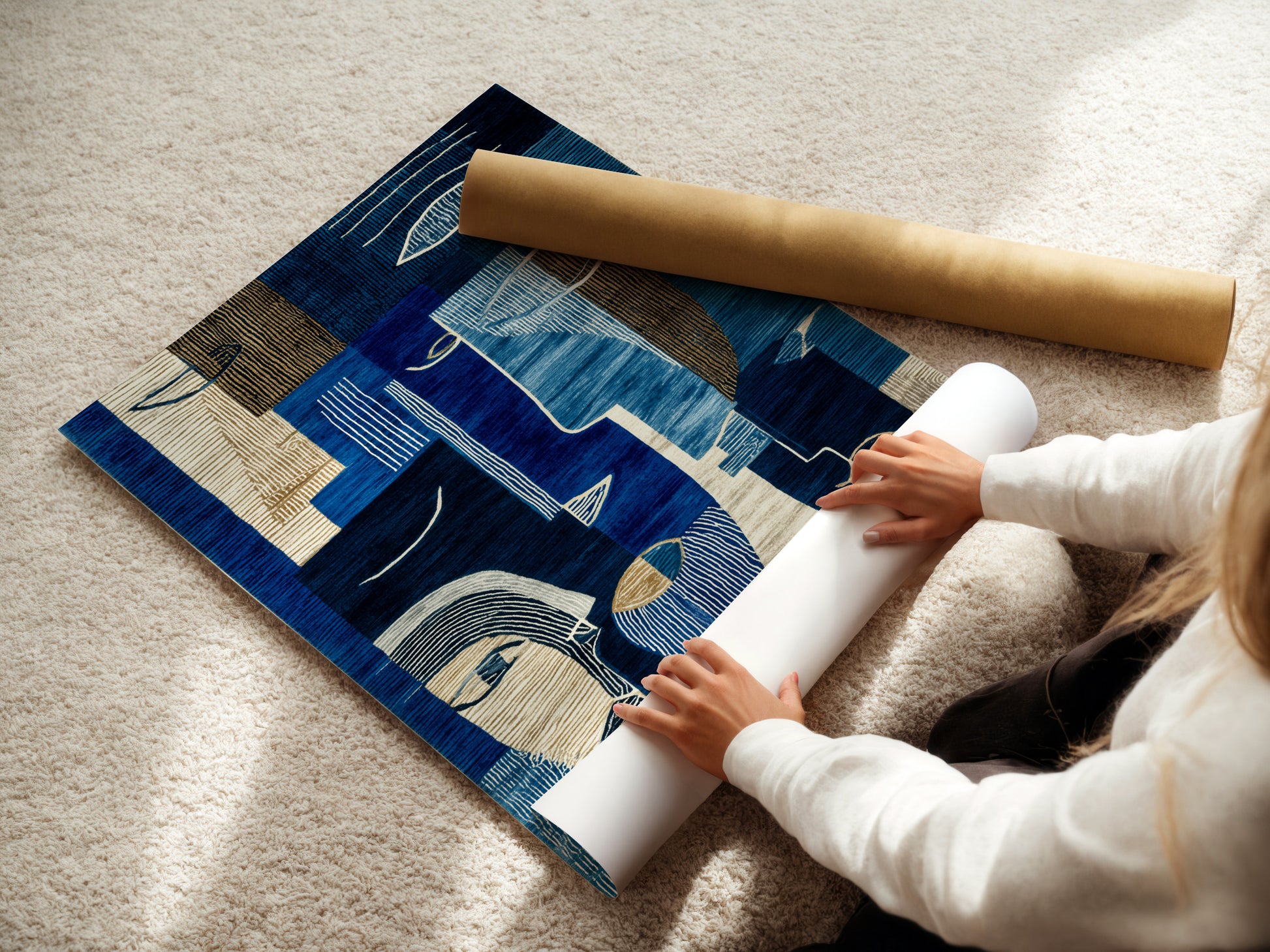 A woman carefully rolling a fine art poster paper. She is preparing an abstract blue art print. This modern geometric canvas will soon become stunning wall art. The navy and cream artwork is perfect for creative professionals. Shop for unique contemporary prints
