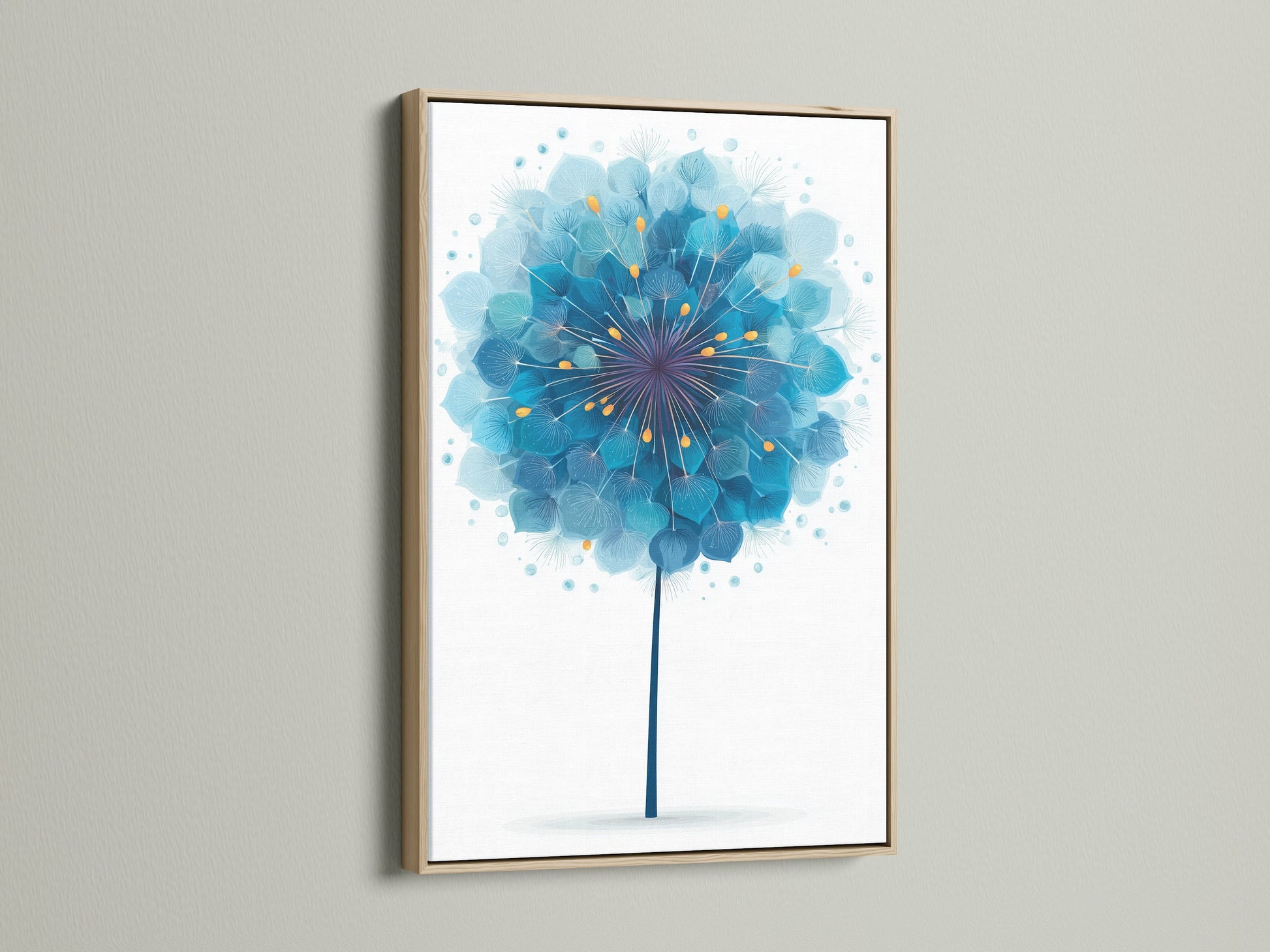 A captivating blue dandelion artwork is framed in oak. The oak frame enhances the botanical wall art. This floral canvas art adds a touch of nature to any room. Perfect for scandi art lovers.