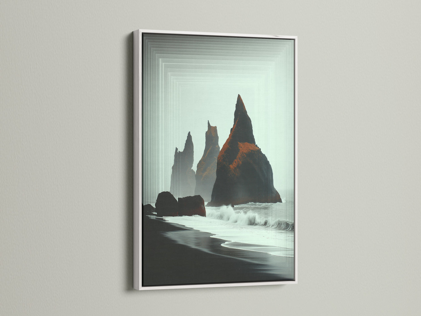 Iceland Black Sand Beach coastal art in a white frame. The minimalist print is ideal for scandi decor. This nature wall art transforms your space. The black sand beach artwork is perfect for bedroom or living room.