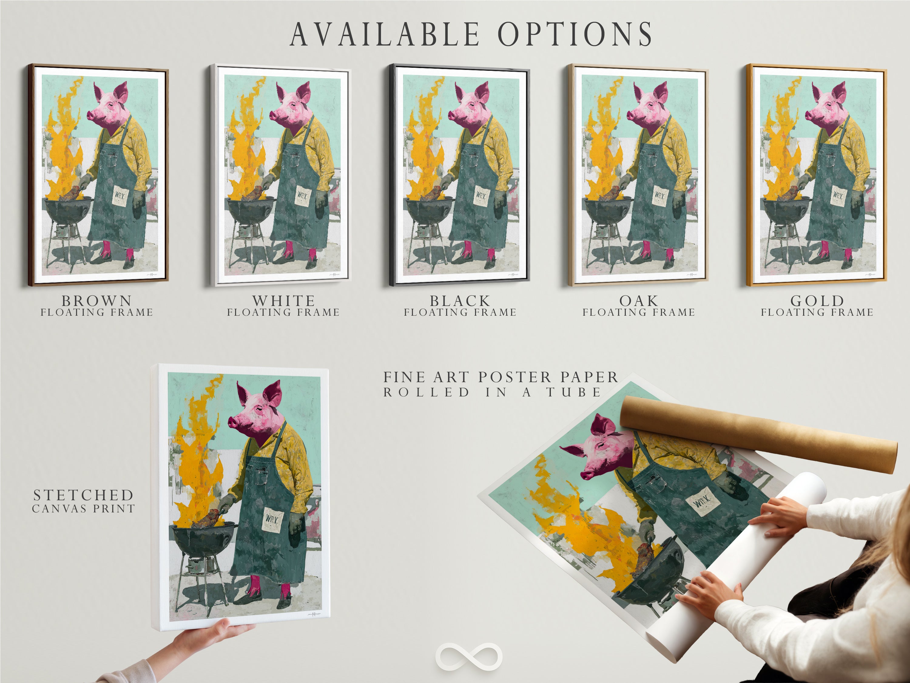 Explore available options for the Pig Chef artwork. Choose from a stretched canvas print a fine art poster or a floating frame. Each option offers a unique way to display the art. Find what best fits your style.