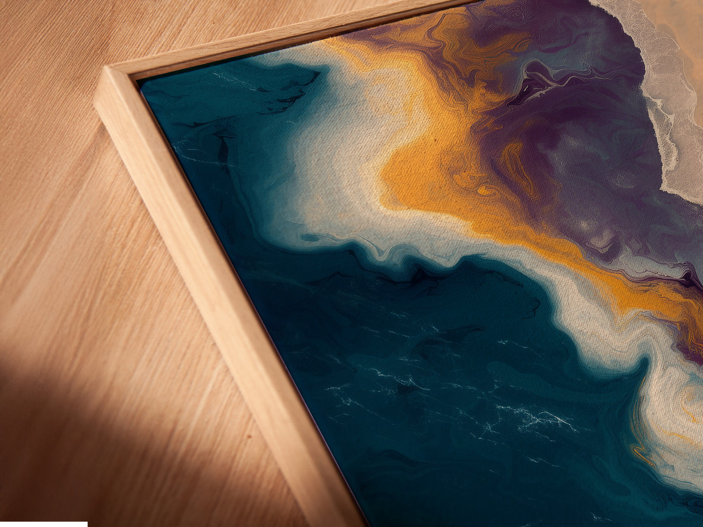 Close up angled view of a canvas print in a floating frame. The frame enhances the artwork. It creates a gallery-like display. This frame adds depth and dimension. Perfect for showcasing art in style. Explore floating frame options today.