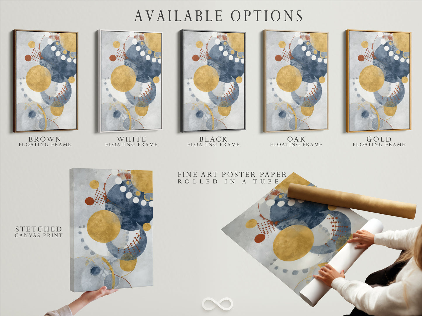 Available options include stretched canvas print fine art poster paper and floating frame. Choose the perfect format for your modern abstract blue and gold circle artwork. Elevate your space today.