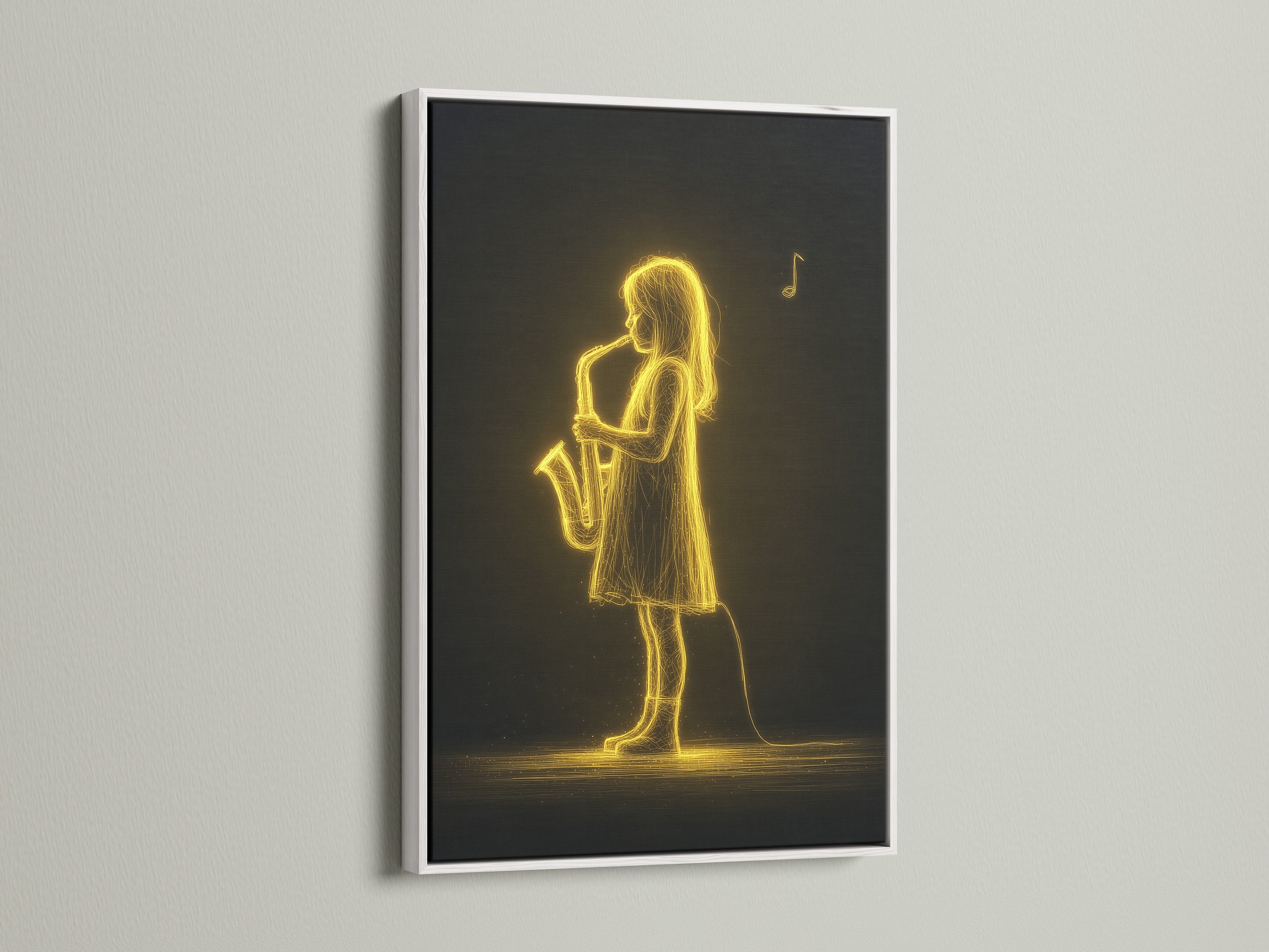 Discover the Saxophone Player Art Print framed in white. The white frame offers a clean modern look. The neon art print pops against the neutral background. Perfect for a contemporary music room or studio
