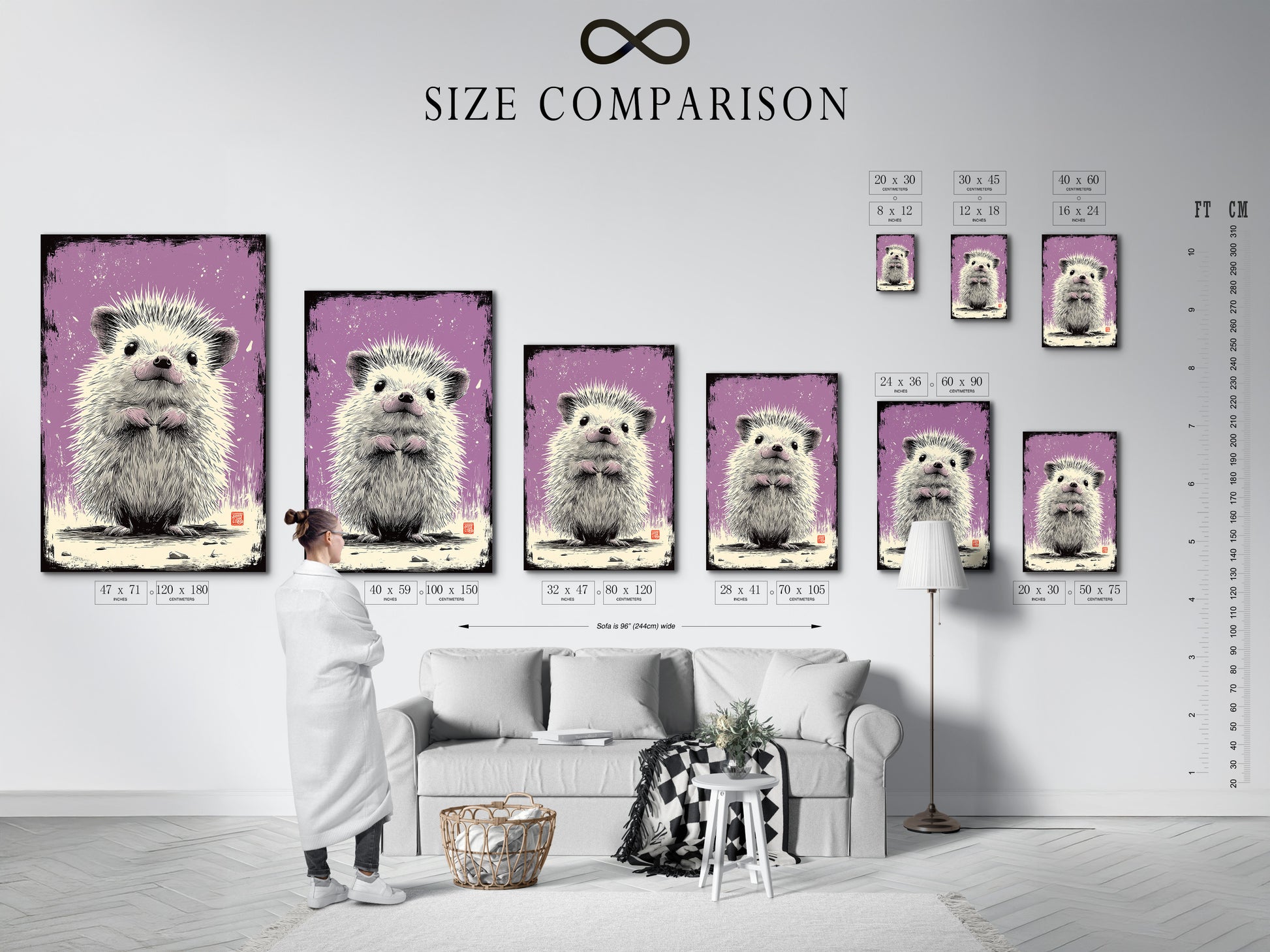 A size comparison chart is showcased. It's displayed in an interior setting. The chart helps visualize artwork dimensions. It aids in making informed choices. See how different sizes fit the space. This chart simplifies art selection.