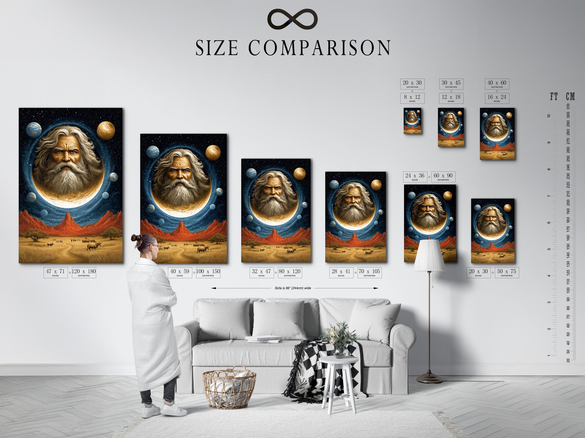 Size comparison chart in a modern interior. The cosmic portrait wall art features a celestial man on the moon. This surreal space canvas print adds a mystical touch to any home. Perfect for Living Rooms Offices Meditation Rooms studios lobbies and wellness centers.