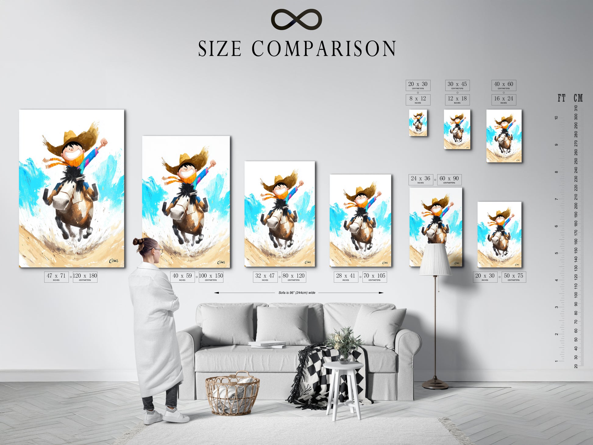 Size comparison chart in an interior setting. See how the artwork fits into different spaces. Various sizes are available to suit your needs. This chart helps you visualize the artwork in your home or office. Find the perfect size.