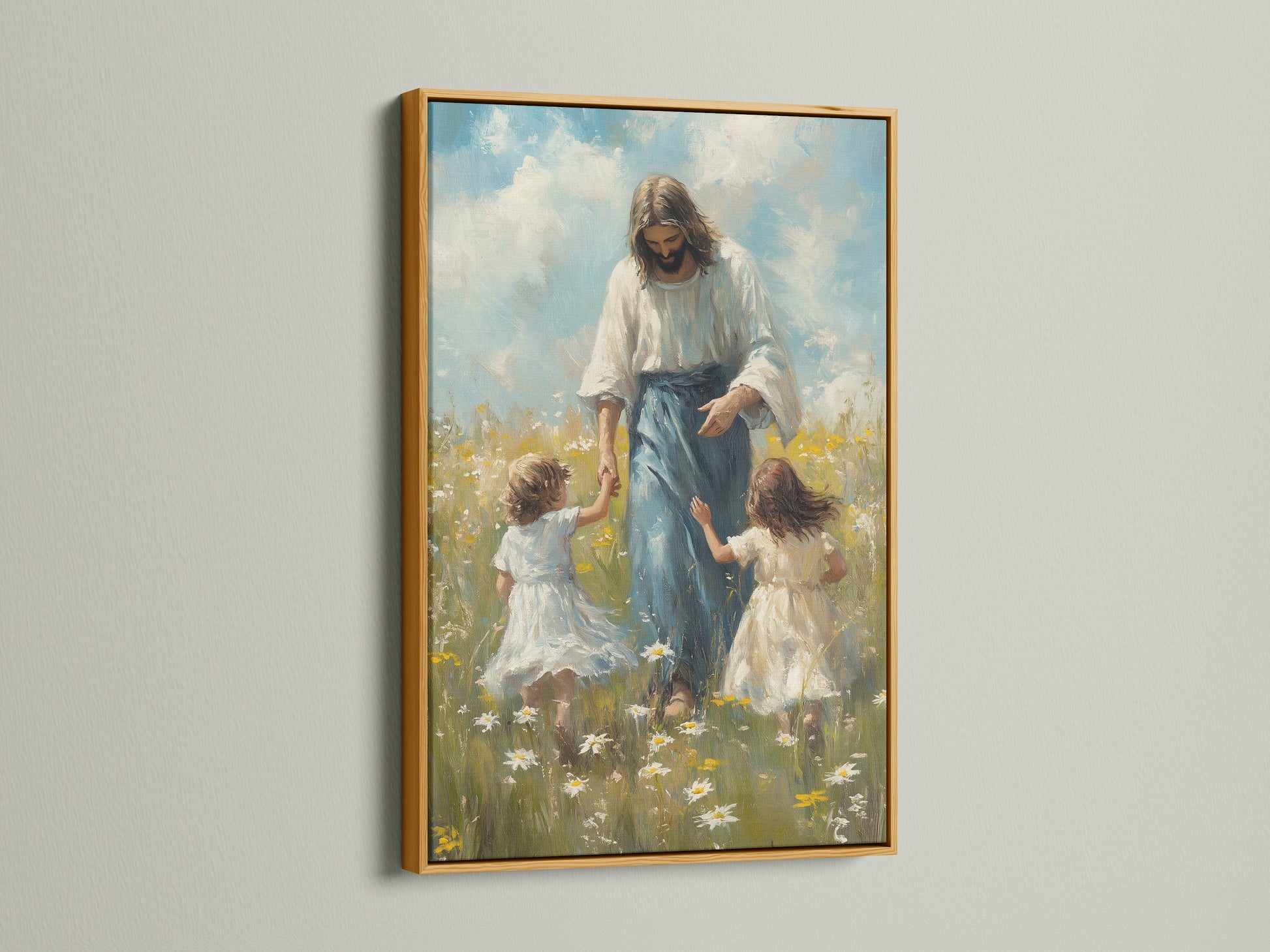 This artwork is set in a luxurious gold frame. The art shows Jesus Christ with two young girls in a meadow. The gold frame adds elegance. It enhances the artwork's beauty. It brings a sense of grandeur to any space.