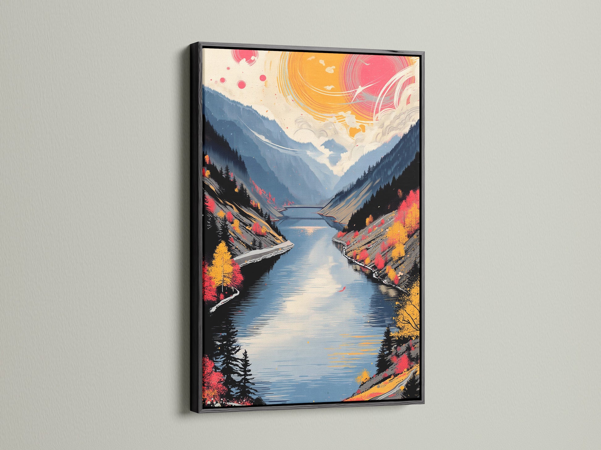 Modern mountain lake art in a black frame. The artwork displays an autumn landscape featuring teal and coral shades. This nature canvas print adds a bold and contemporary touch to minimalist Scandinavian or eclectic interiors.