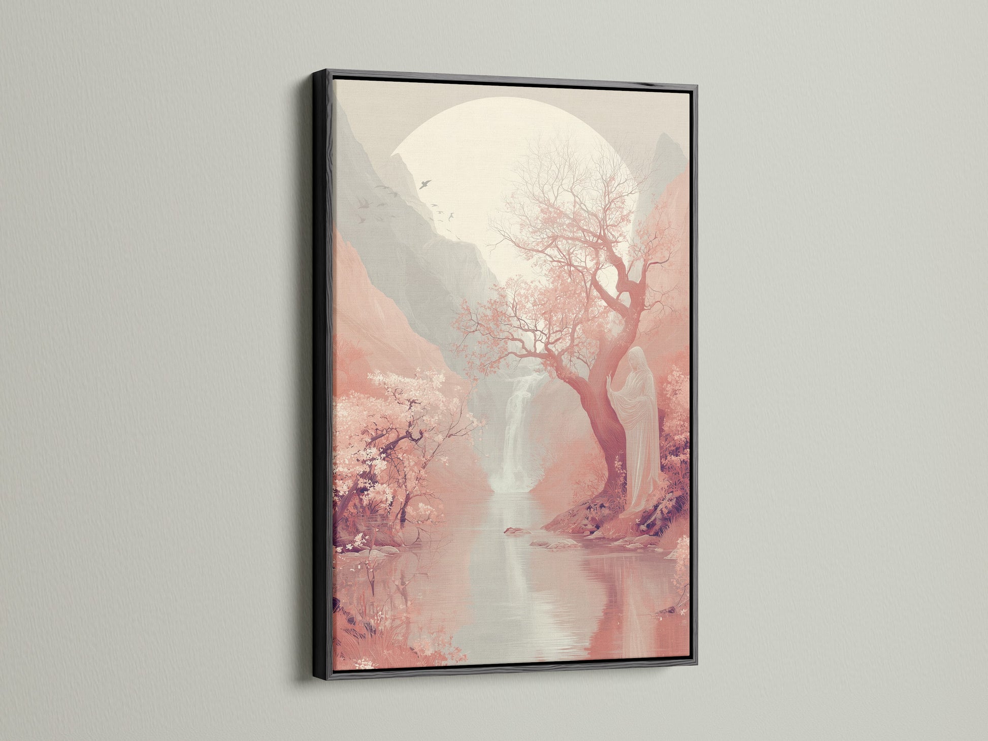 Black frame displaying the Cherry Blossom Landscape Artwork. This Japanese wall artwork creates a striking contrast. The Sakura Tree Canvas Print enhances contemporary decor. Ideal for yoga studios and meditation rooms.