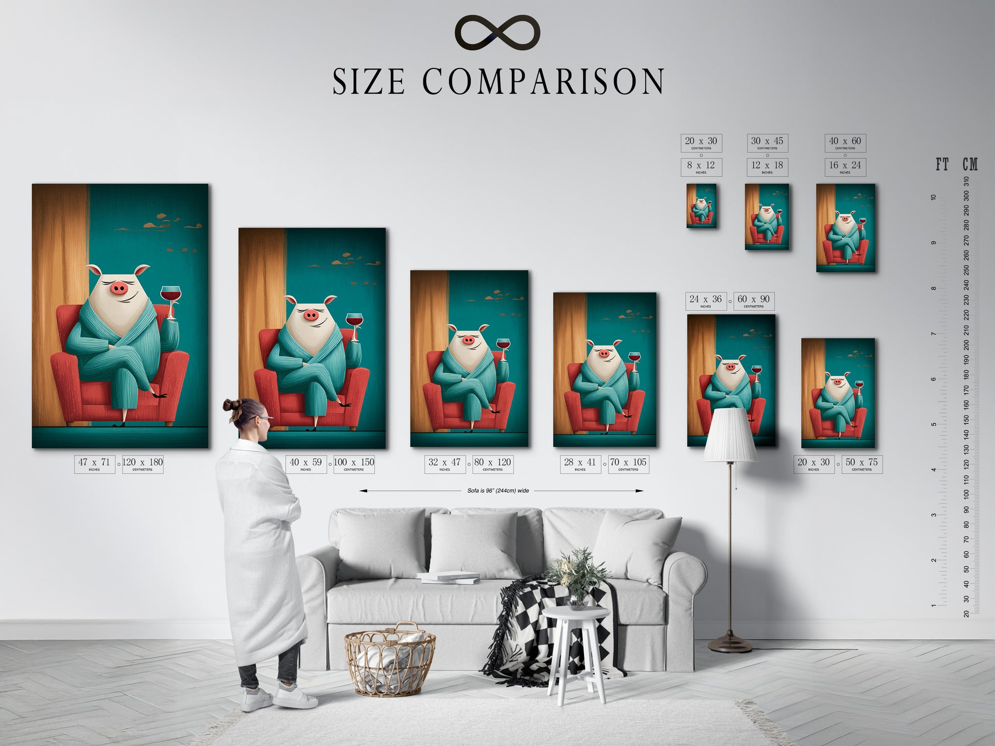 See the size comparison chart in an interior setting. Visualize how this teal pig art print will look in your home. This funny animal wall art features a pig with wine. It is perfect for kitchen wall decor. This whimsical animal artwork is available in various sizes. Find your perfect fit.