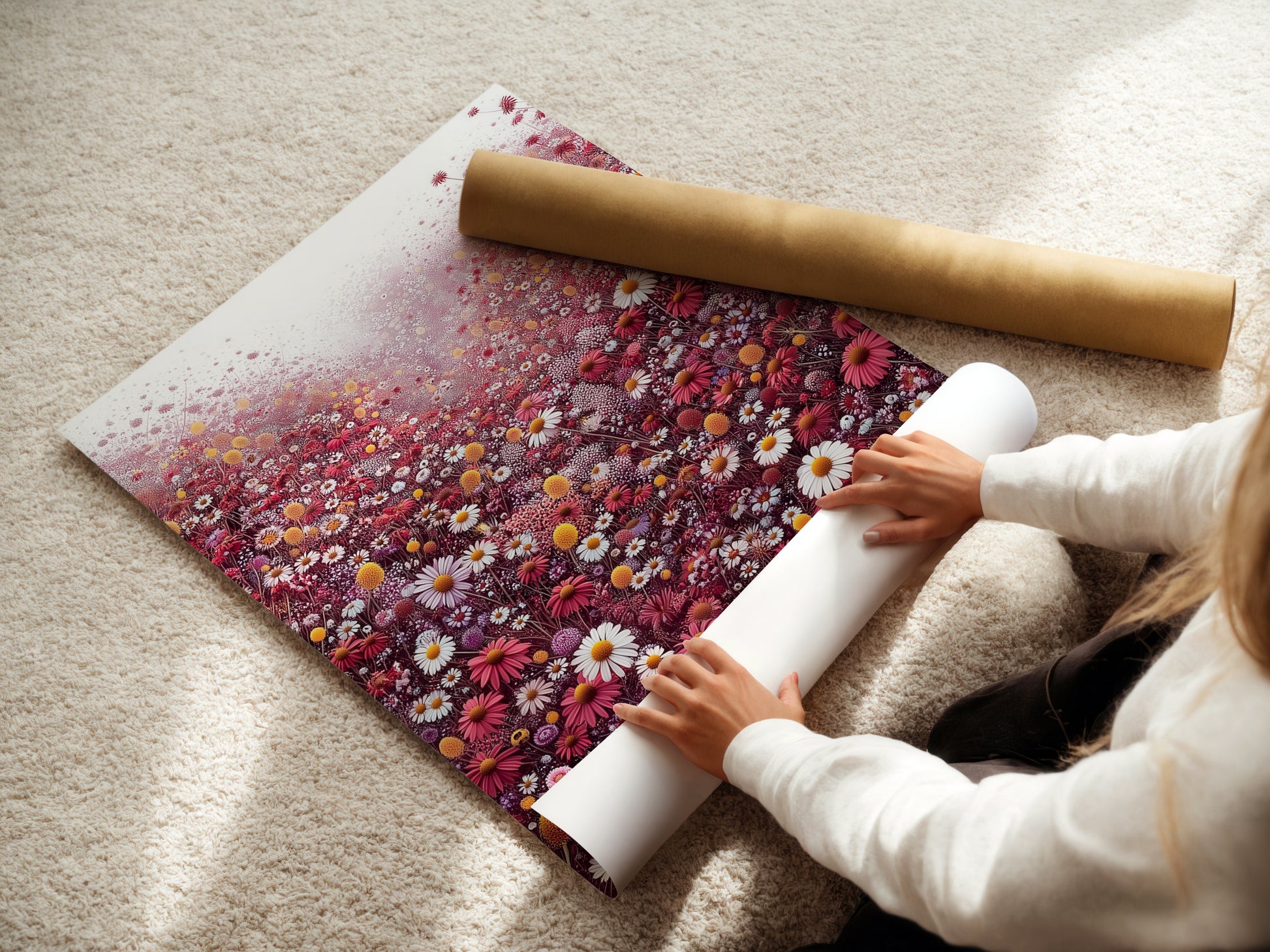 A woman carefully handles fine art poster paper. She is preparing to create a stunning floral meadow print. The artwork features red and white wildflowers. This highlights the attention to detail in crafting botanical wall art. Ideal for art lovers.
