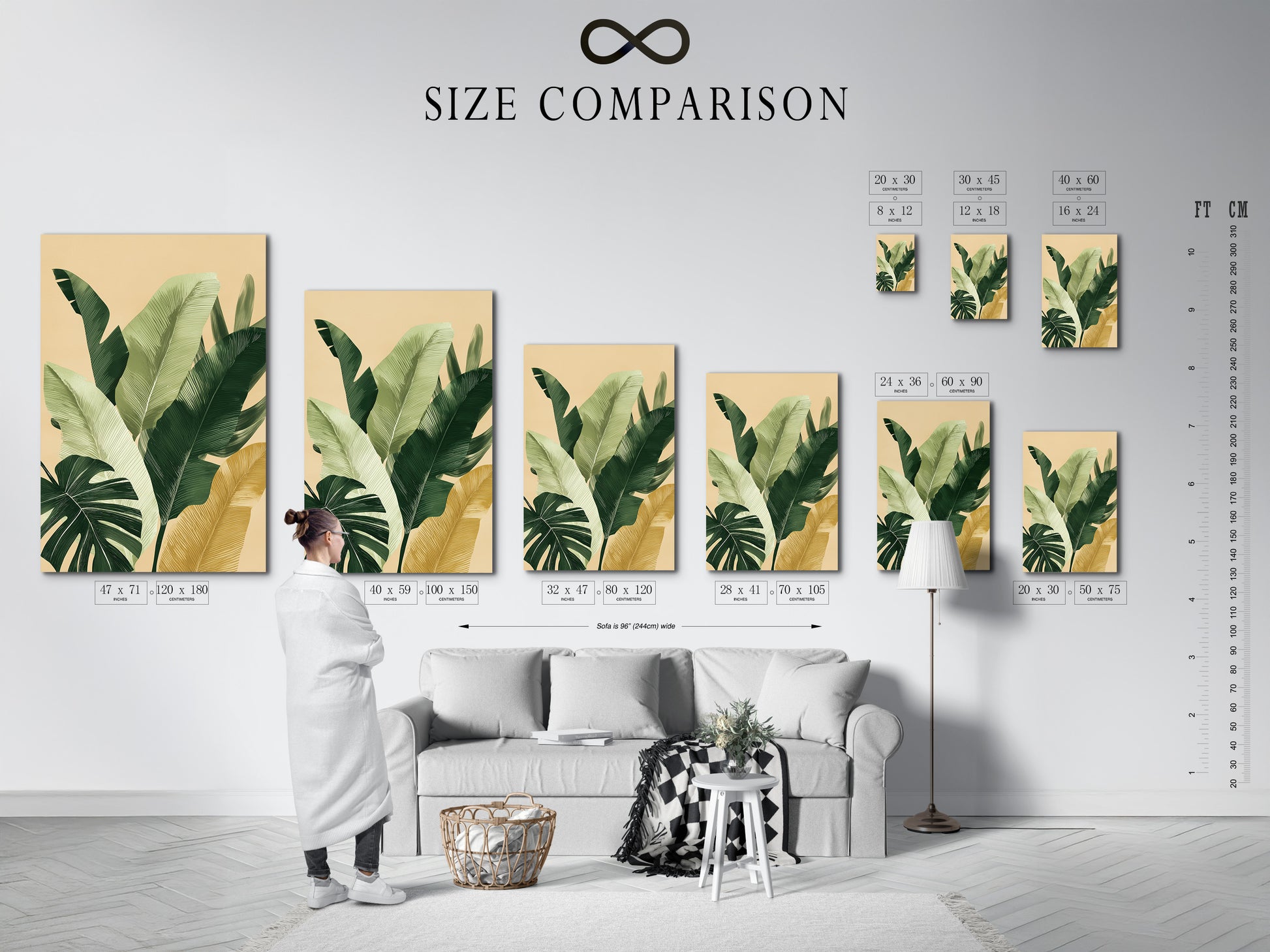 This is a size comparison chart displayed in an interior setting. The chart shows different sizes of artwork. Use this chart to visualize the perfect size for your space. Find the ideal size to create a stunning focal point.