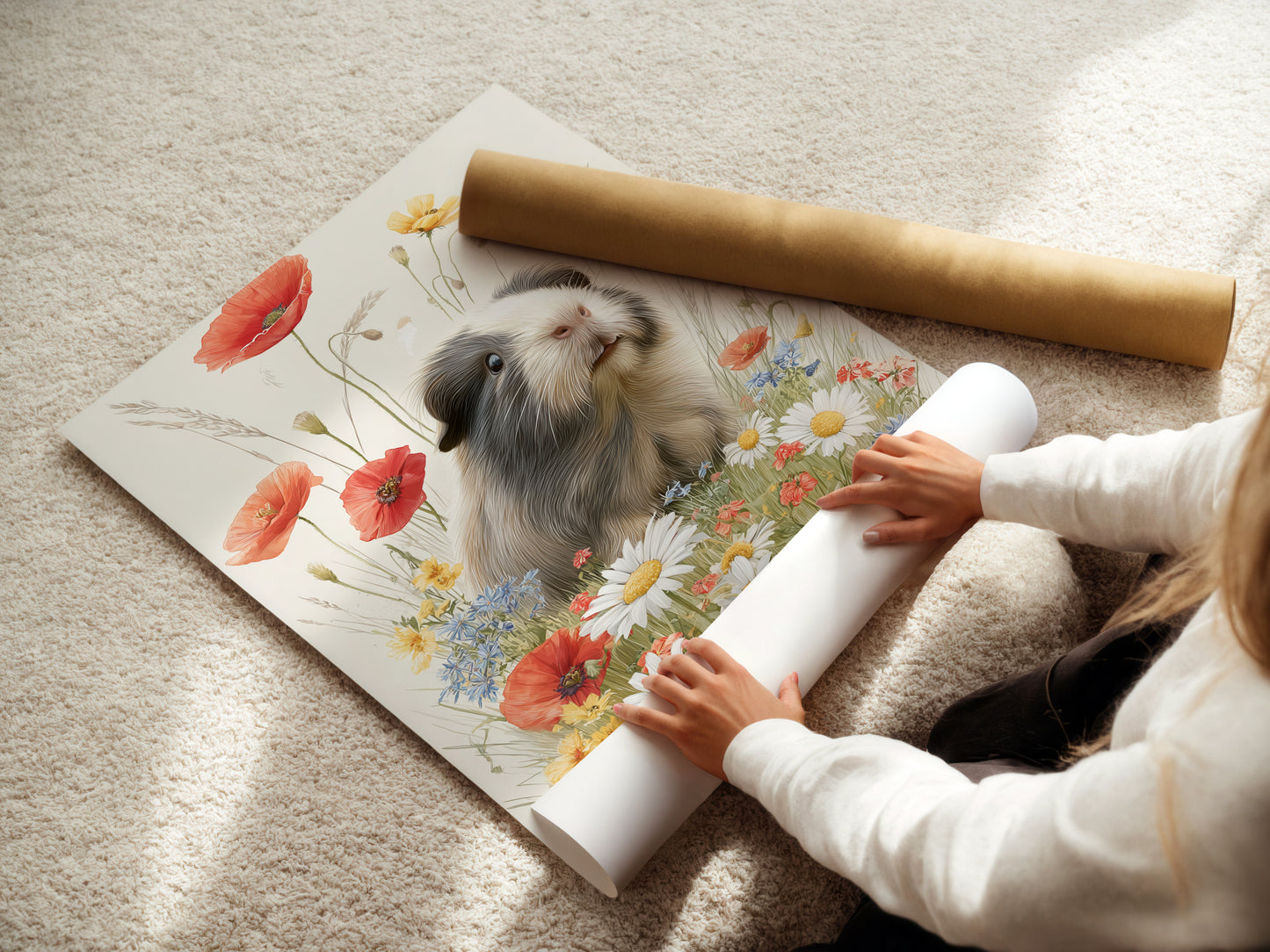 A woman carefully rolling a fine art poster paper. The poster paper is of high quality and ready for framing. The process ensures the artwork remains pristine. It is perfect for collectors and art enthusiasts who appreciate fine details.