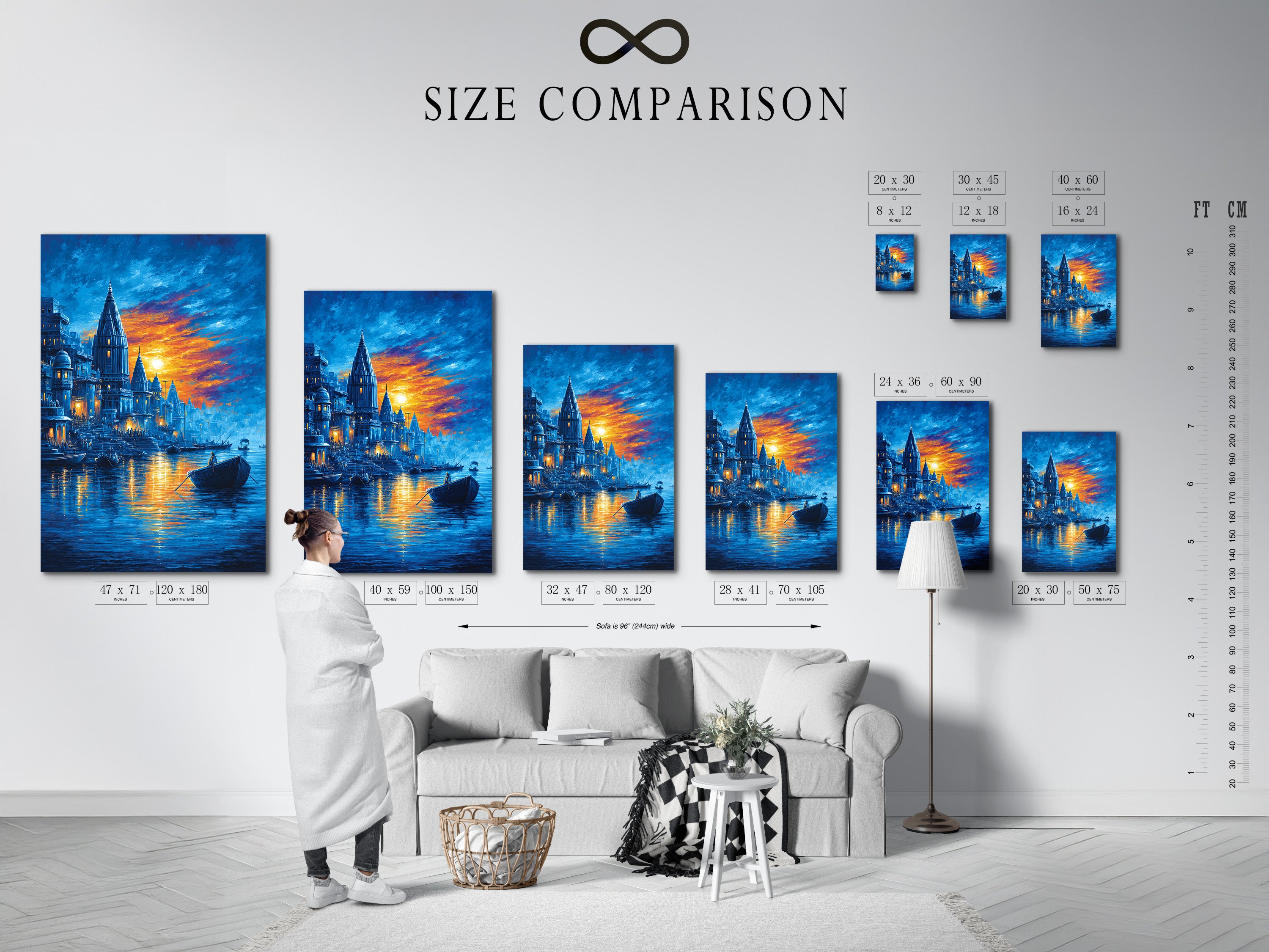 A size comparison chart is displayed in an interior setting with the Varanasi Sunset Artwork. This Indian temple art allows you to visualize the perfect size for your space. Choose the ideal dimensions for your sacred river print. Enhance your living room or meditation room with spiritual wall art. The blue and orange tones add warmth.