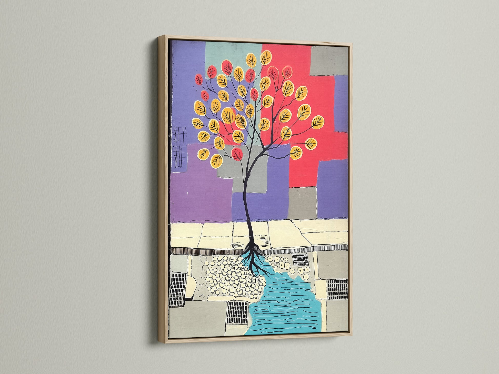 Abstract Tree canvas print in an oak frame. The frame enhances the artwork's modern aesthetic. Ideal for living rooms offices and studios. This geometric art piece features a colorful abstract tree. It brings contemporary style to any space.