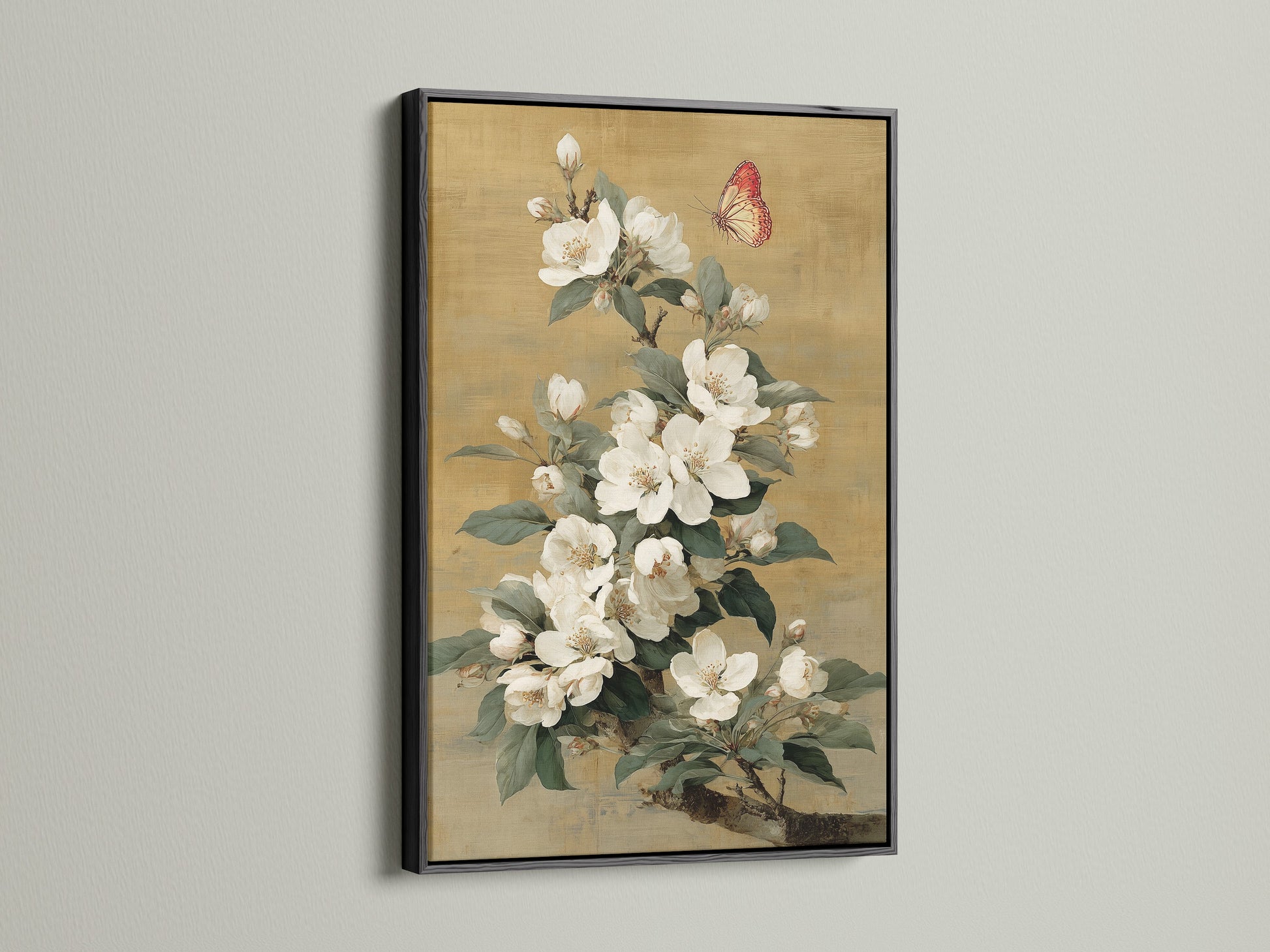 Botanical canvas featuring white flowers in a sleek black frame. This nature wall decor is ideal for modern spaces. It will bring a touch of classic elegance. Perfect for living rooms bedrooms offices studios lobbies boutiques and waiting rooms. Shop now.