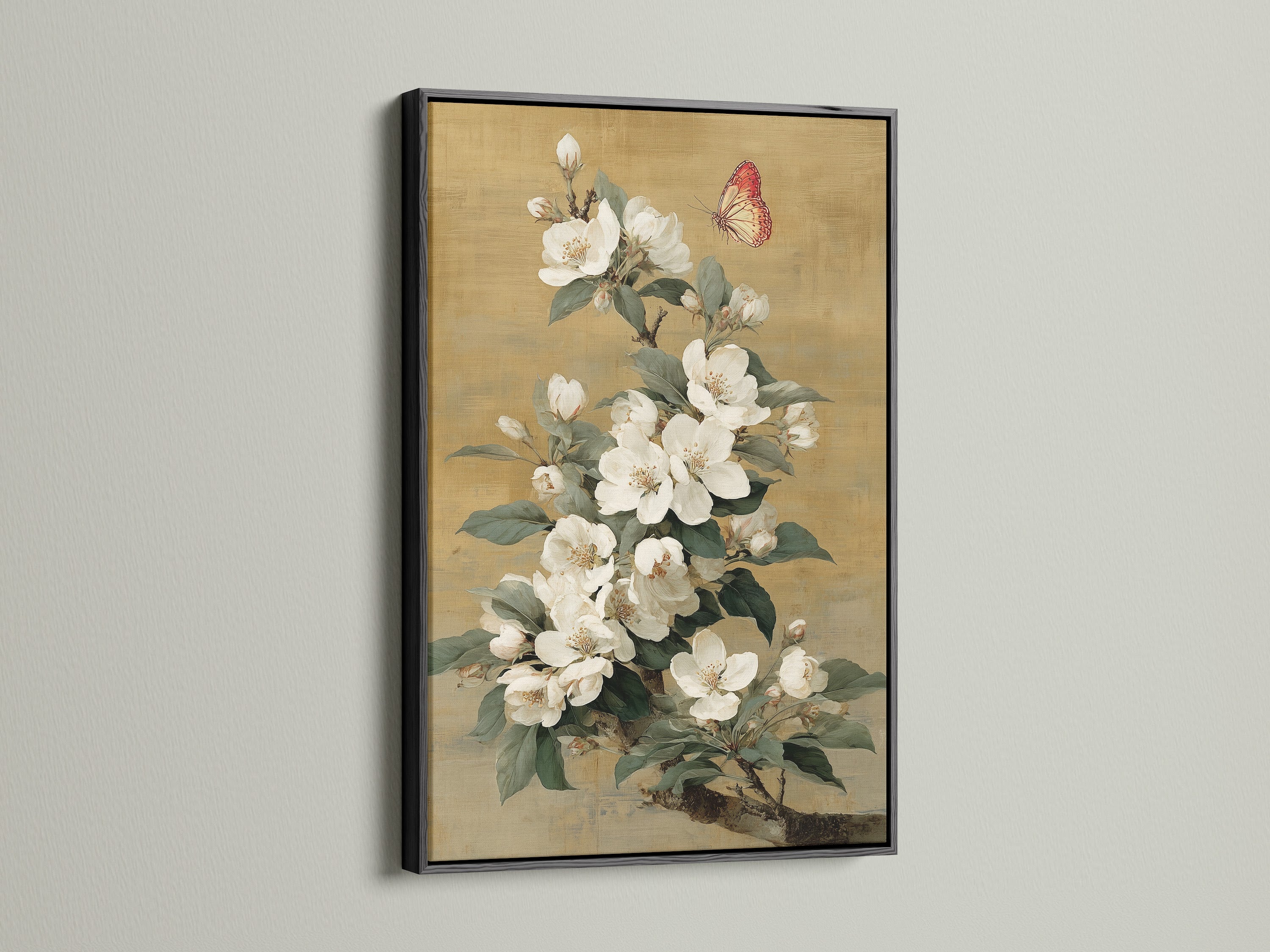 Botanical canvas featuring white flowers in a sleek black frame. This nature wall decor is ideal for modern spaces. It will bring a touch of classic elegance. Perfect for living rooms bedrooms offices studios lobbies boutiques and waiting rooms. Shop now.