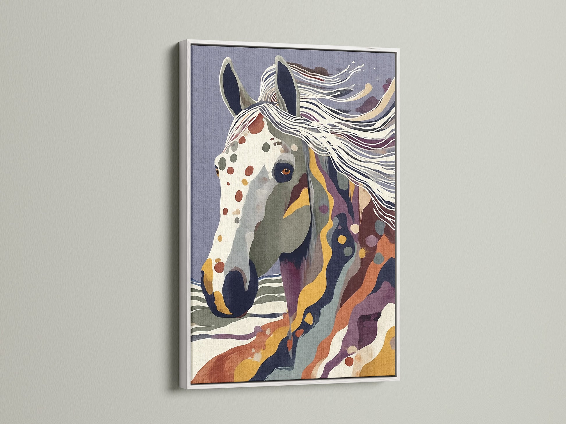 An abstract horse artwork is elegantly presented in a white frame. The bright white frame enhances the vivid colors of the artwork. This piece is ideal for adding a fresh contemporary touch. It is suitable for bohemian and minimalist styled spaces.