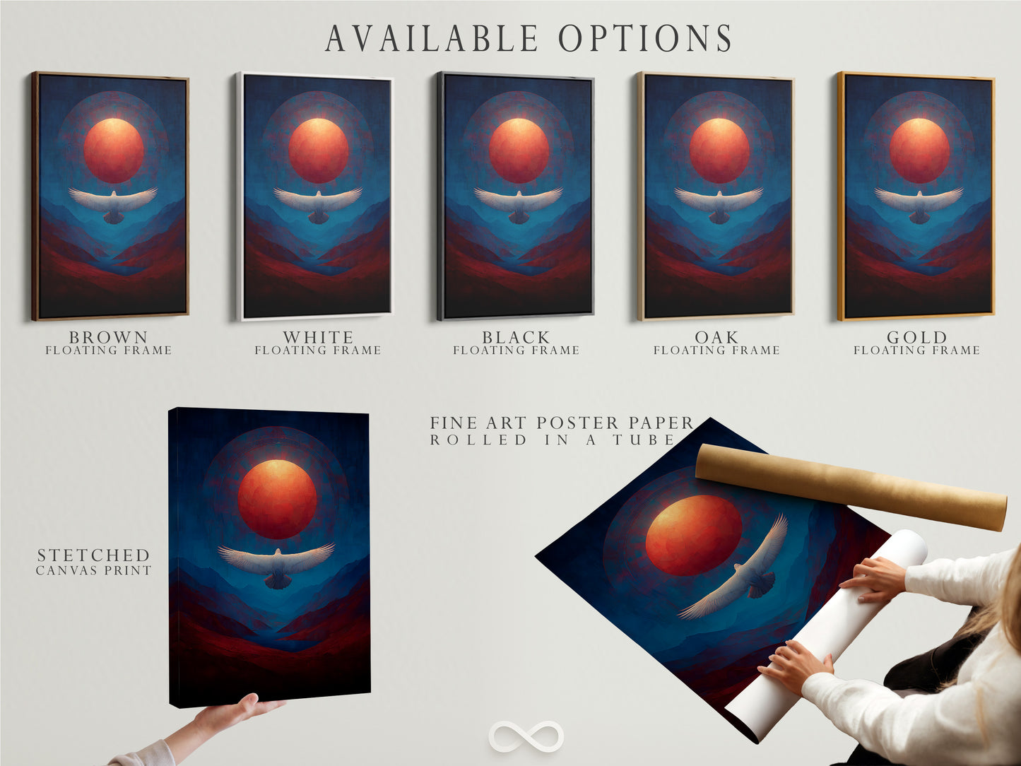 Explore available options for your eagle sunset canvas art. Choose from stretched canvas prints fine art poster paper and floating frames. Each option enhances the spiritual bird wall art. Personalize your mountain landscape print. Create the perfect piece for your space