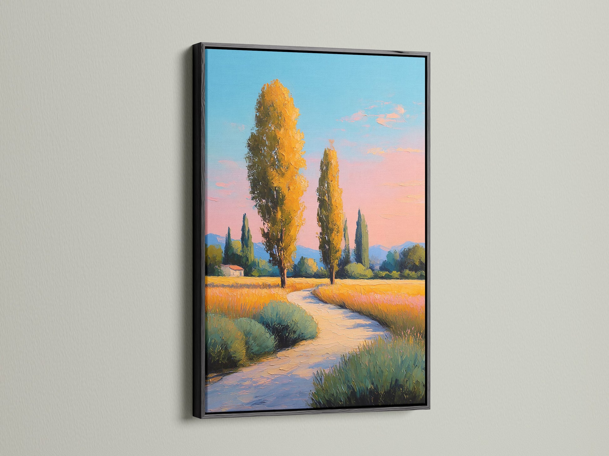 Black frame displaying a Tuscany Landscape artwork. This tree wall art is a stunning focal point. The country path painting adds depth to the scene. Perfect for those who love warm tone art and countryside decor.