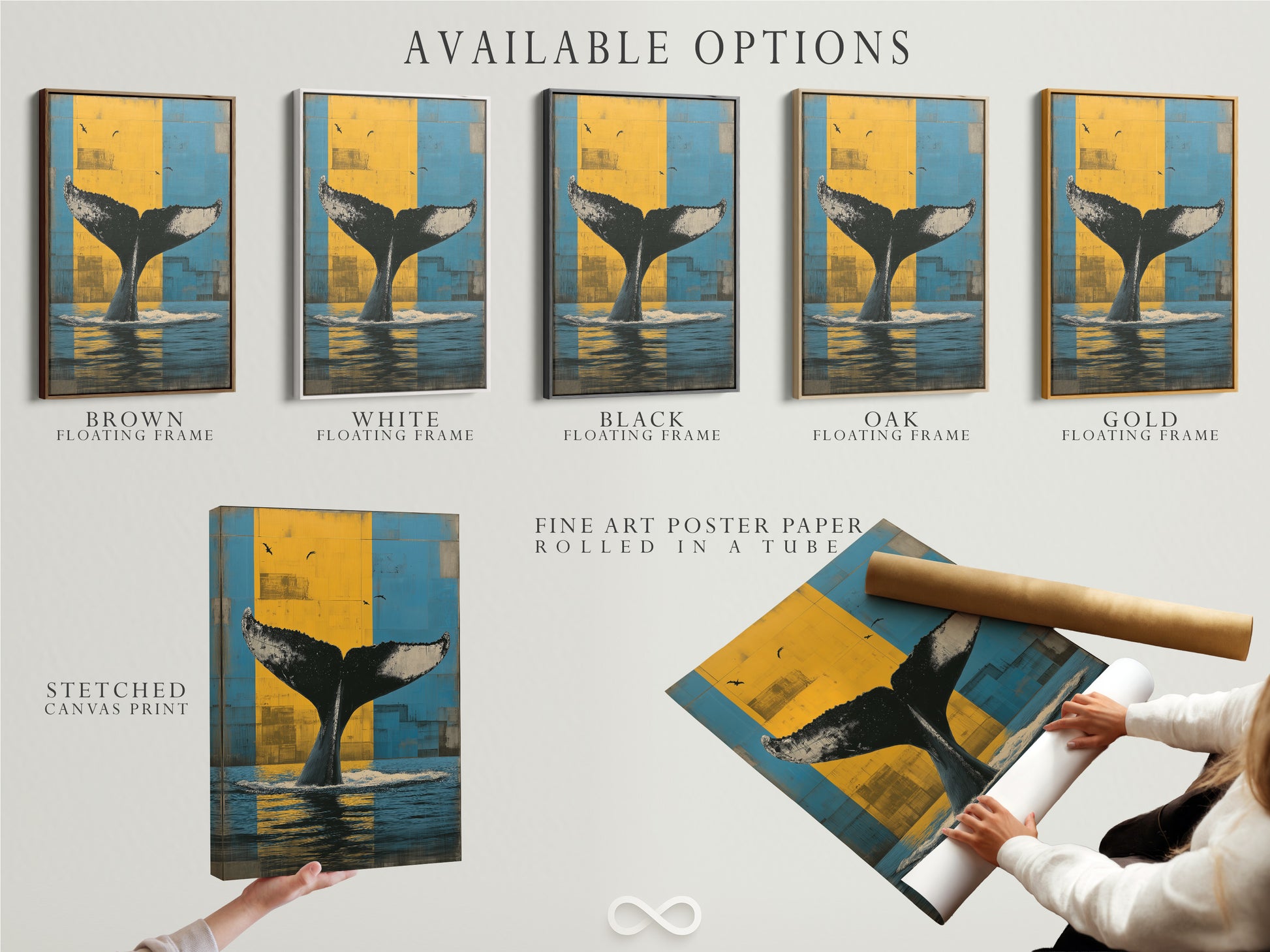 Available options include stretched canvas prints fine art poster paper and floating frames. Choose the best format for your Whale Tail artwork. Options for blue and yellow marine canvas and prints. Select your preferred style today.