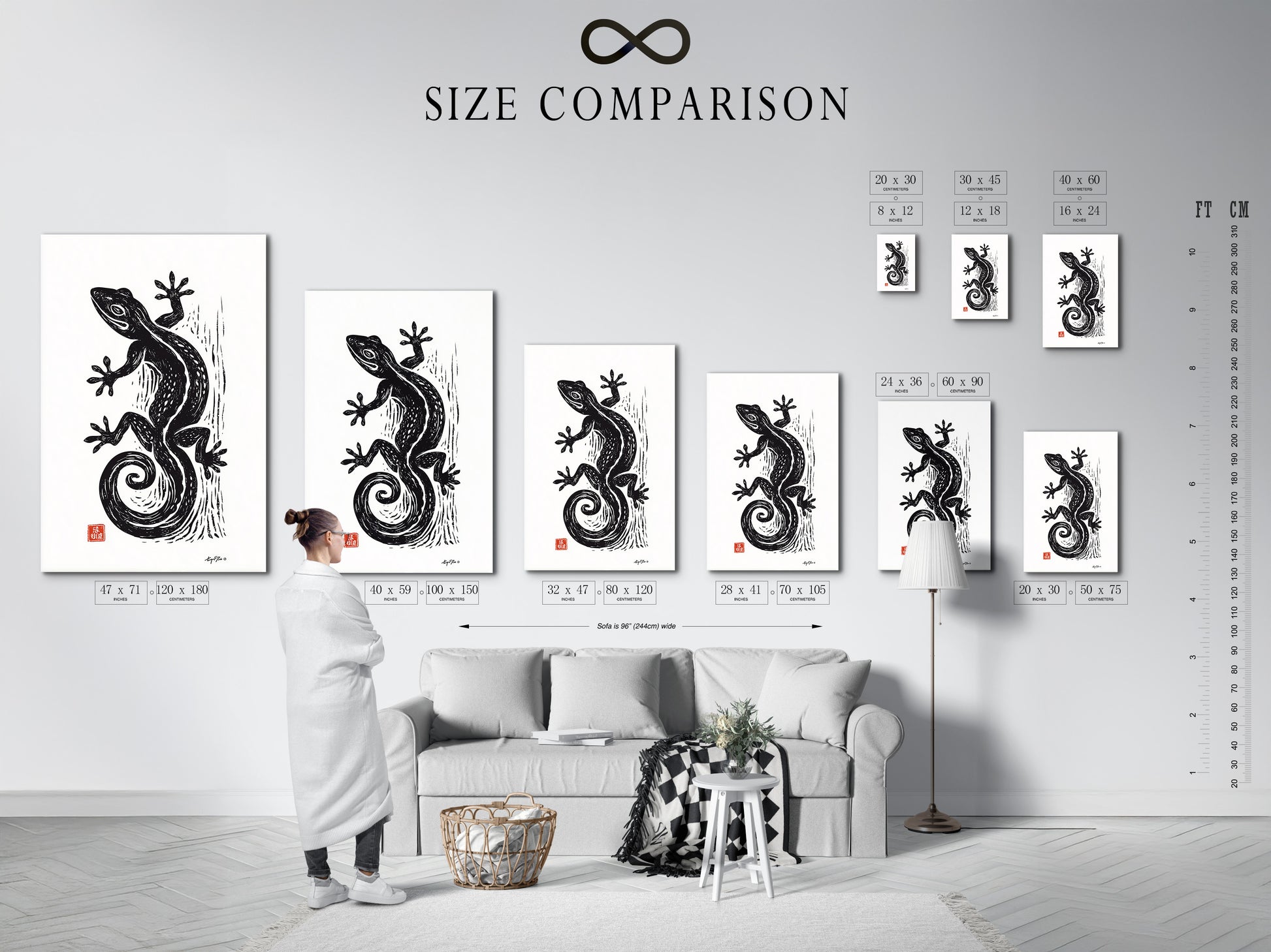 A size comparison chart is displayed in an interior setting. Various sizes of artwork are shown on a wall. This helps visualize how art will look in a space. Use this chart to choose the perfect size for your needs.