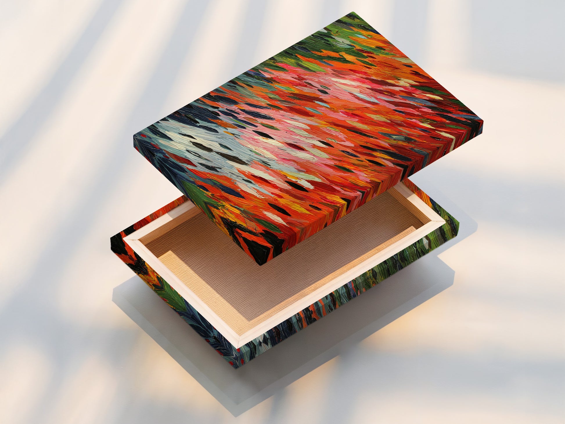 This is a detailed view of a stretched canvas print featuring abstract brushstrokes. The orange and red hues create a vibrant and eye-catching piece. This ready-to-hang artwork adds a modern touch to any room enhancing its contemporary feel.