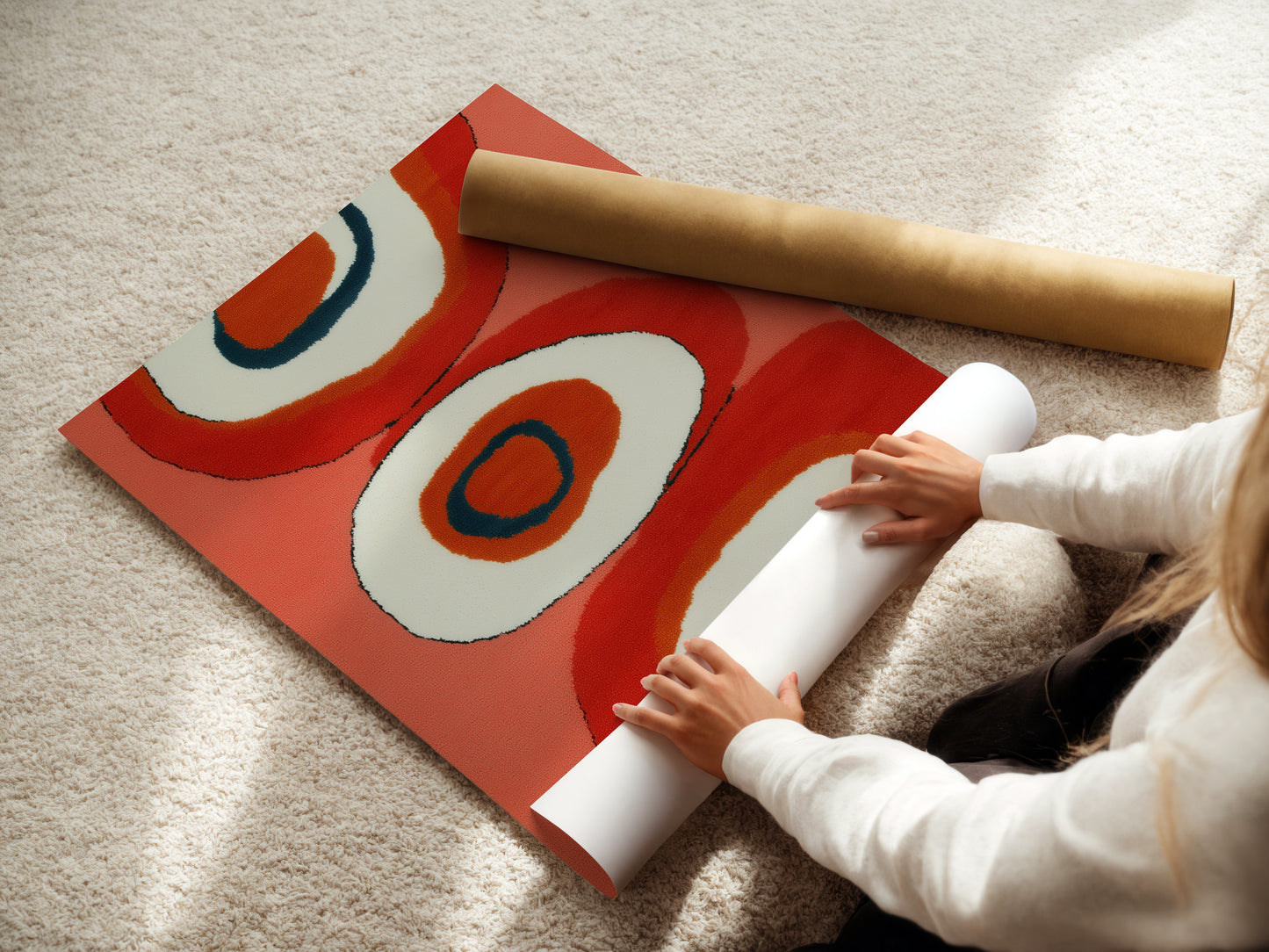A woman carefully rolls a fine art poster paper. She is preparing it for framing or display. This high-quality paper ensures your mid-century abstract artwork looks its best. Perfect for preserving and showcasing your favorite prints.