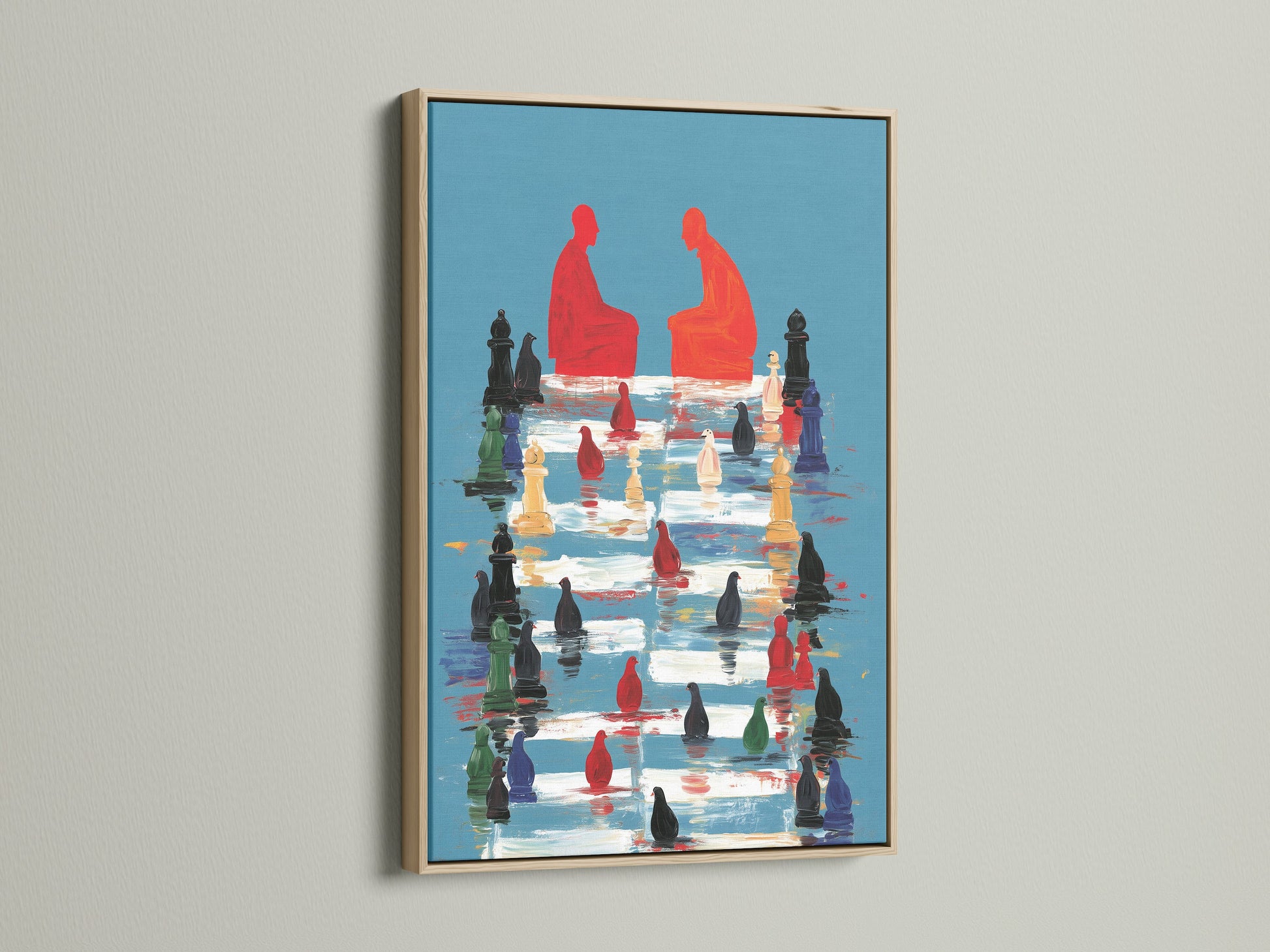 Modern chess artwork with an oak frame. This piece adds an intellectual touch to any space. Ideal for game rooms offices or living rooms. A sophisticated decor choice.