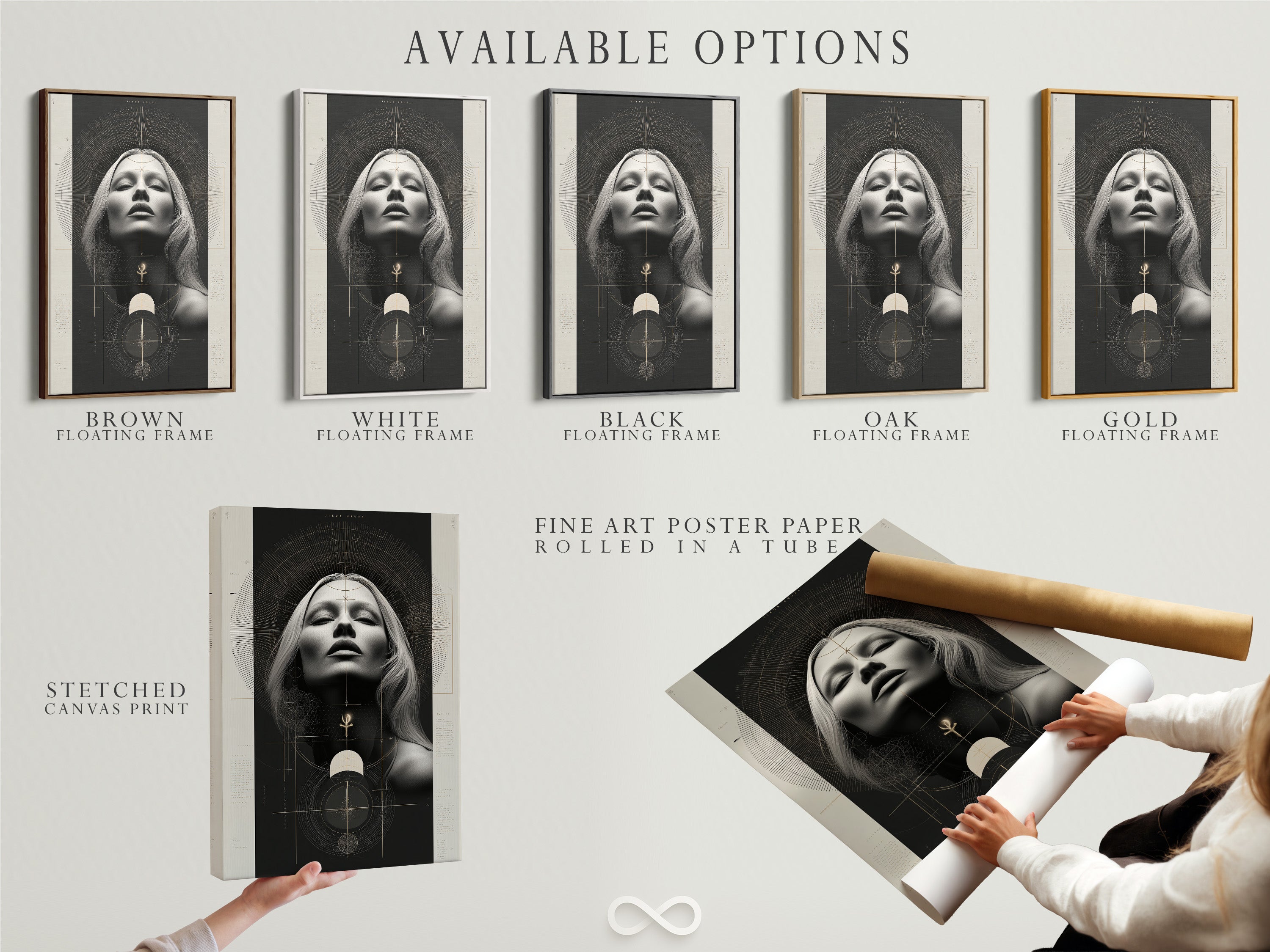 Available options for the Mystical Woman Portrait artwork. Choose between a stretched canvas print a fine art poster paper or a floating frame. This spiritual piece combines sacred geometry with boho decor. Perfect for creating a serene atmosphere in your home.