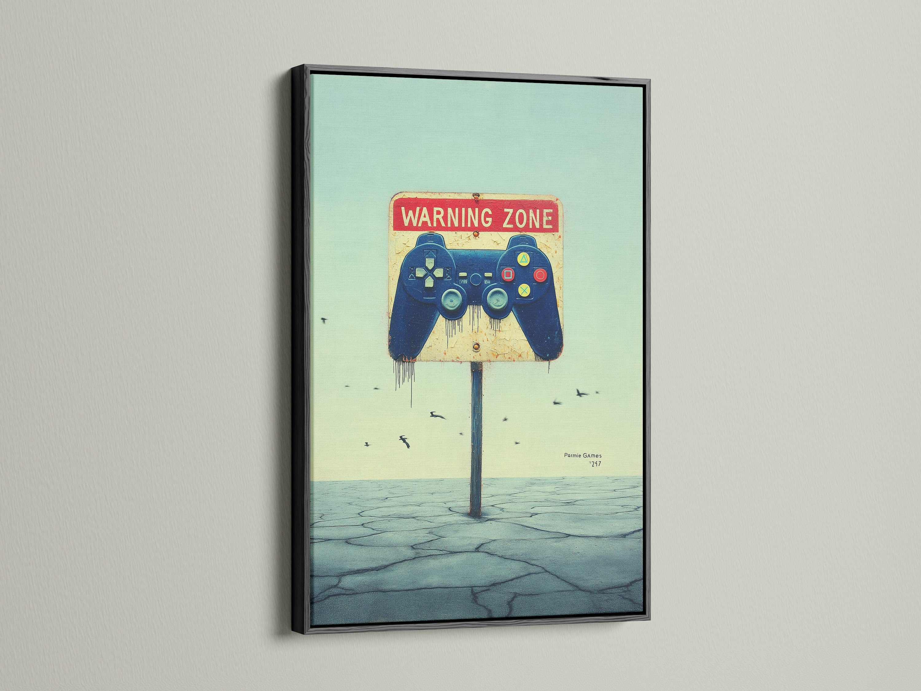 Gaming Zone Canvas Print with a black frame. It complements minimalist styles. This controller wall art is perfect for a teen bedroom. The gamer room decor is ideal for man cave wall art. The artwork is modern.